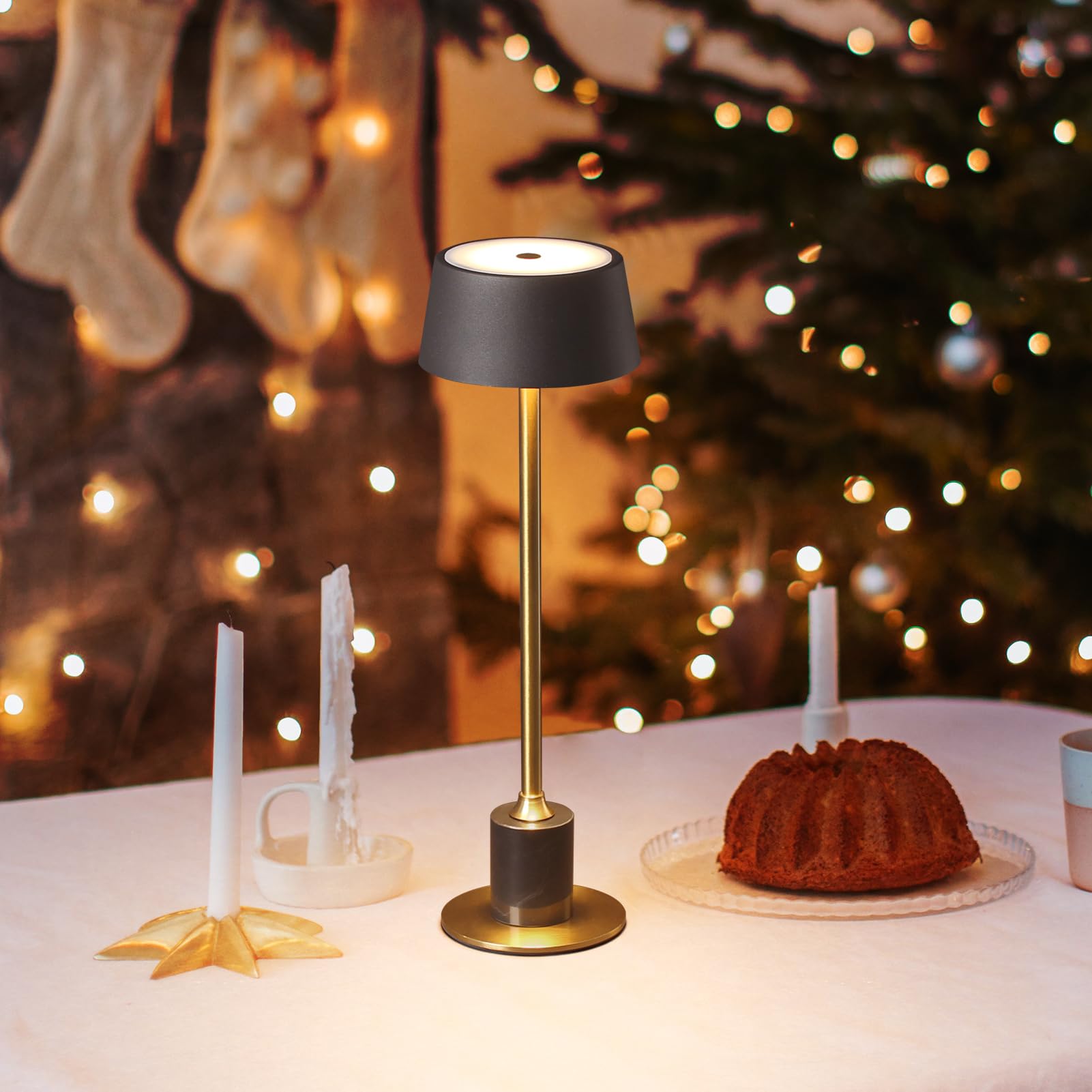 DAWALIGHT Rechargeable Cordless Table Lamp - 2500mAh Battery, 3-Level Brightness Adjustable Desk Light for Bedroom, Reading, Coffee Table, Restaurant & Outdoor Camping (Black + Gold) | Perfect for Romantic Dinners, Nightstands and Portable Lighting
