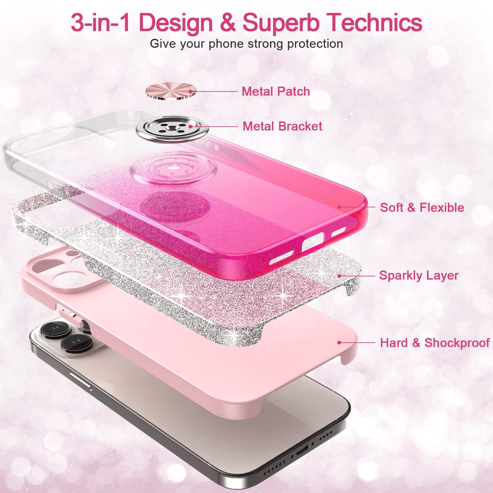 Sparkly Glitter iPhone 12 Pro Max Case with 360° Ring Holder & Magnetic Car Mount | Slim Shock-Absorbent Protective Cover for Women (6.7