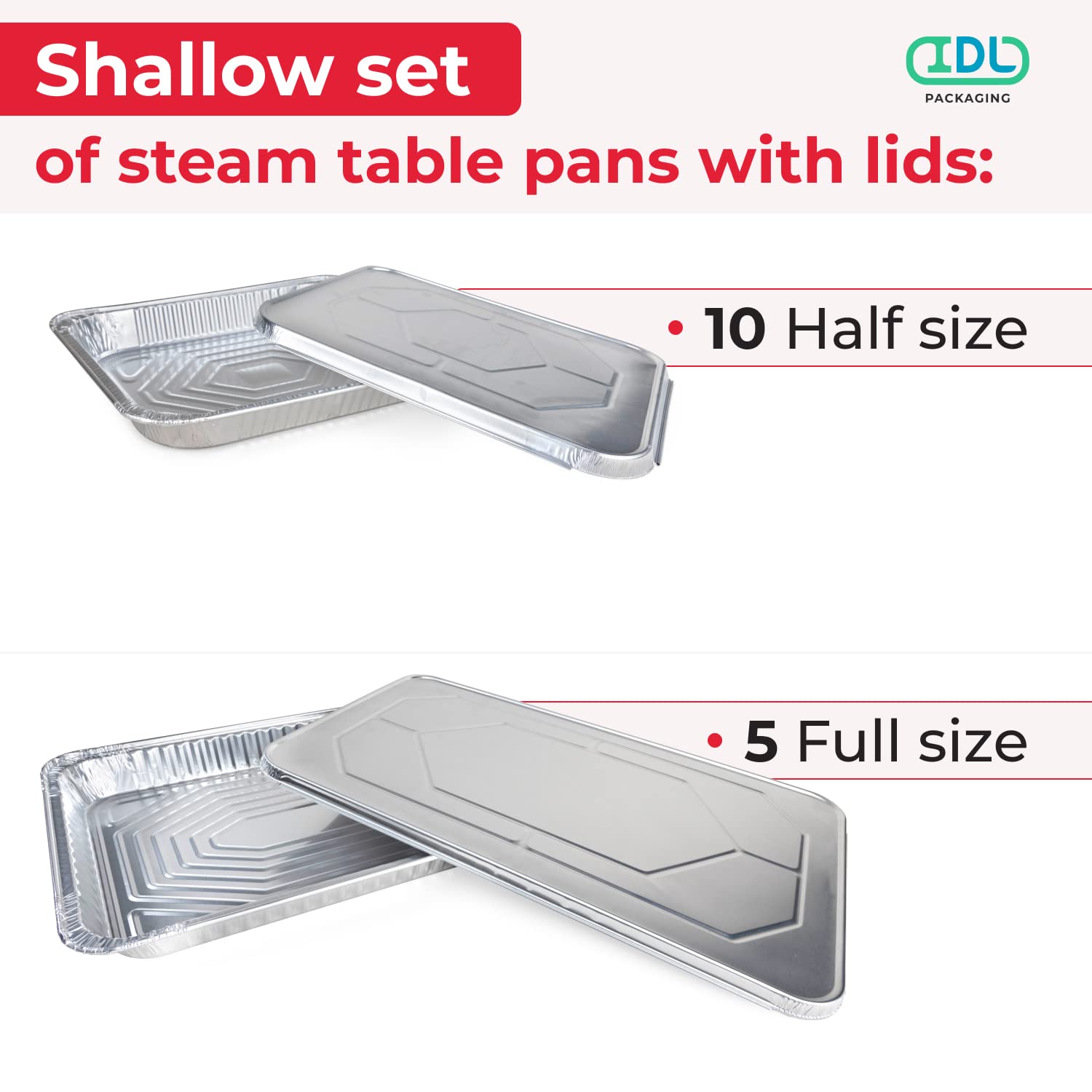 IDL Packaging Aluminum Foil Pans with Lids - 15pc Disposable Chafing Dish Set (5 Full Size & 10 Half Size Steam Table Pans) - Catering, Buffet, Party & BBQ Cookware - Perfect for Food Service, Events, Restaurants & Outdoor Cooking