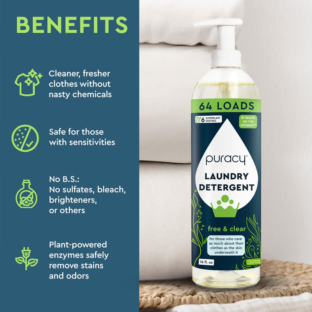 Puracy Natural Enzyme-Powered Liquid Laundry Detergent Concentrate - Free & Clear, Non-Toxic, 16 fl oz (64 Loads) | Plant-Based Laundry Soap for Sensitive Skin | Perfect for Baby Clothes, Gym Wear & Eco-Friendly Households