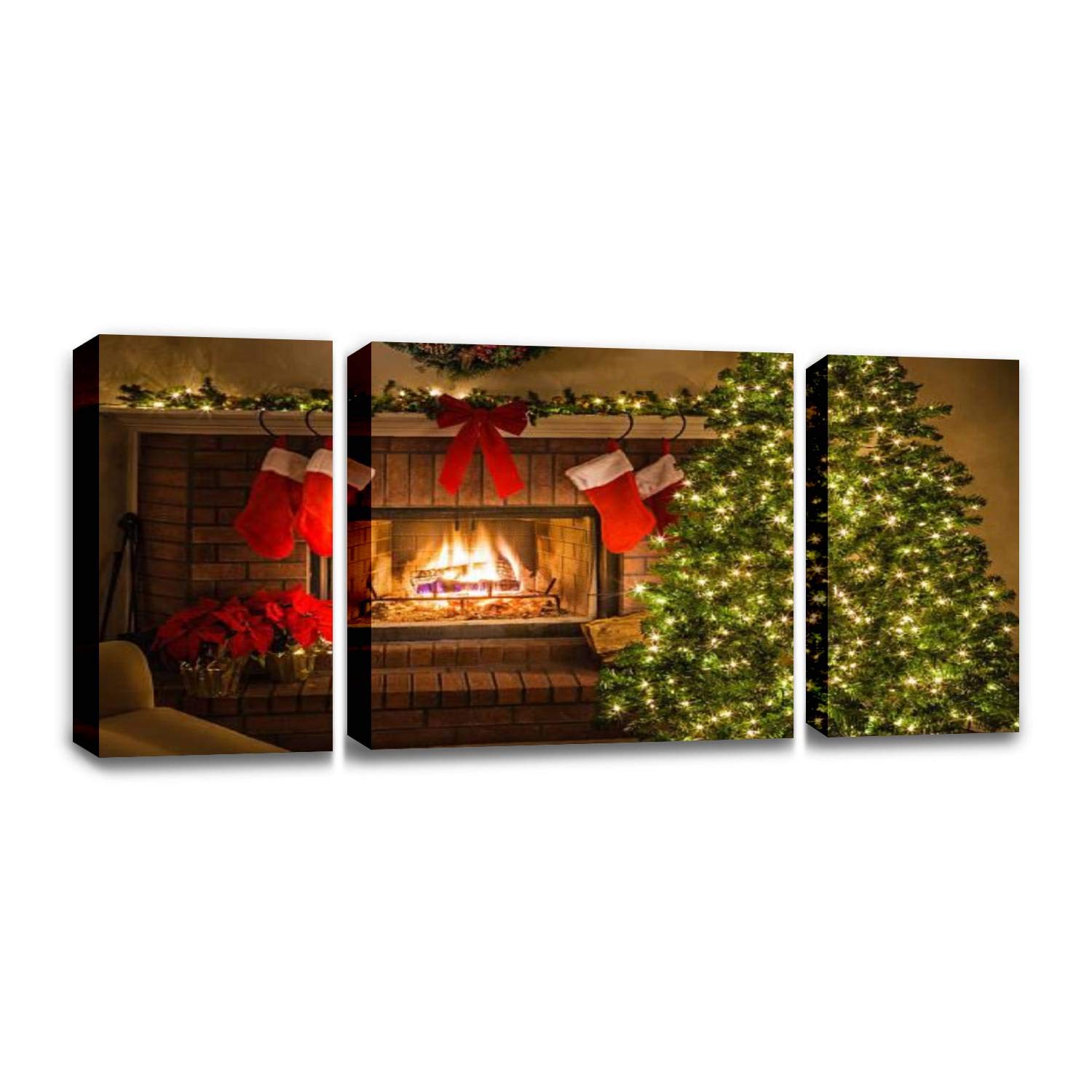 Christmas Fireplace Wall Art - Canvas Print with Decorated Tree & Stockings - Cozy Holiday Living Room & Bedroom Decor - Perfect for Festive Home Wall Decorations