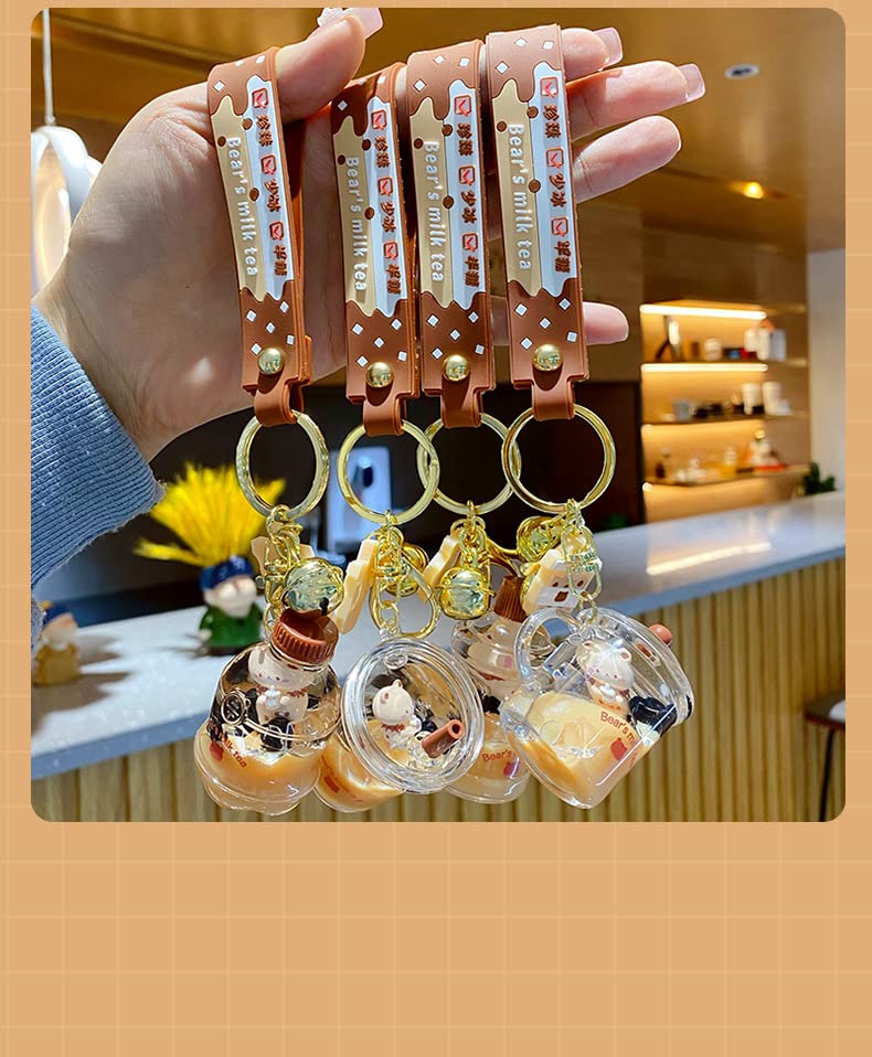 HSYHERE Floating Milk Tea Brown Bear Keychain - Cute Lucky Charm Keyring for Men & Women - Perfect Gift for Tea Lovers, Office Decor, Bag Accessory