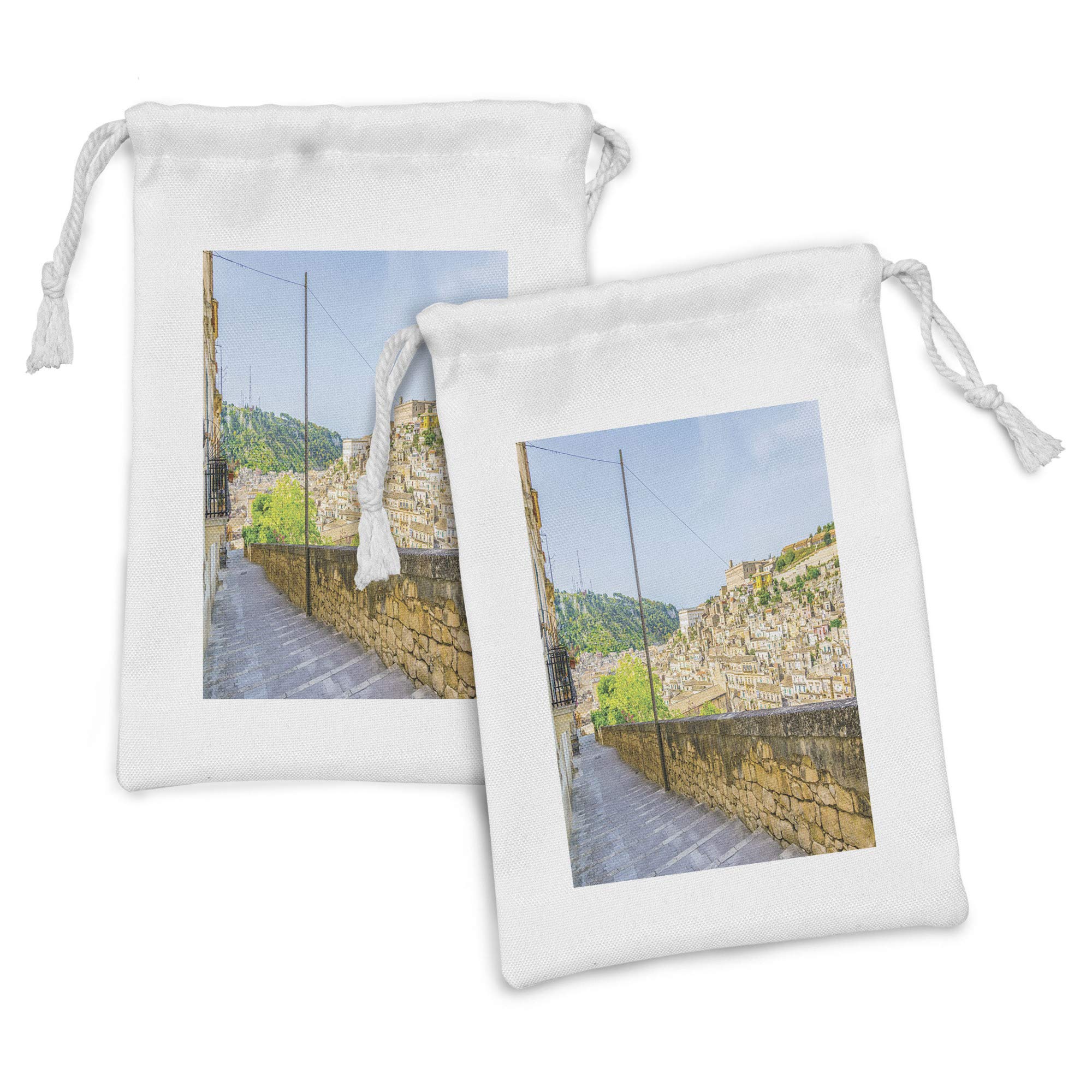 Ambesonne Sicily Fabric Pouch Set of 2 - Modica Stairway European Historic Architecture Design - Small Drawstring Bags for Toiletries, Masks & Party Favors (9