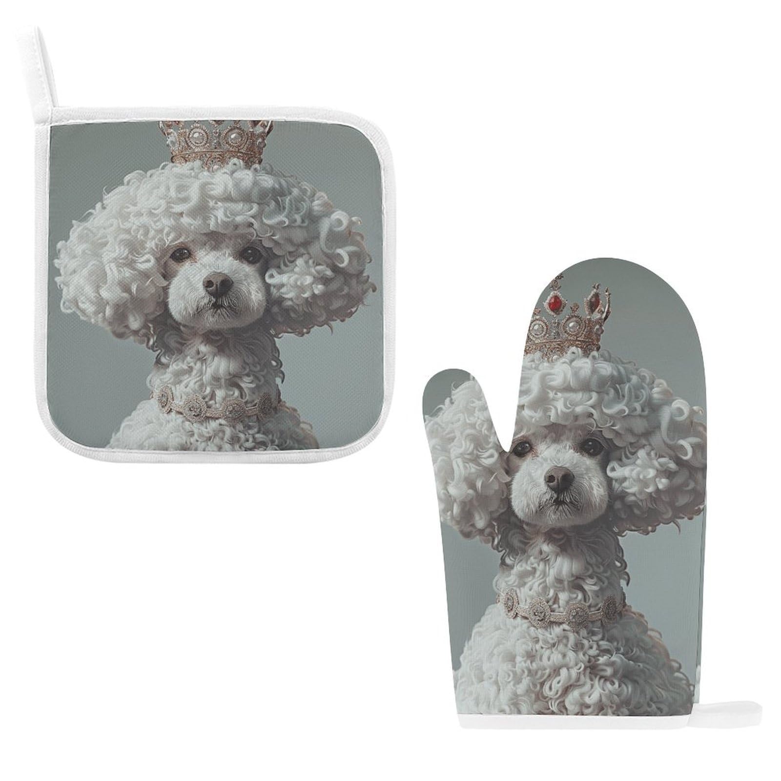 Heat Resistant Oven Mitts and Pot Holders Set of 2 - Non-Slip Kitchen Gloves for Cooking, Baking, Grilling & BBQ - Washable & Durable White Toy Poodle Design - Perfect for Home Kitchen, Outdoor BBQ & Holiday Baking