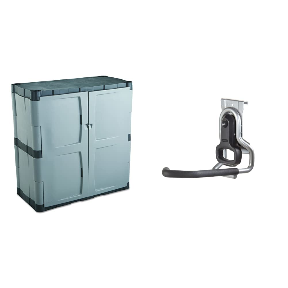 Rubbermaid Lockable Storage Cabinet with Doors - Grey/Black Small Organizer for Home, Garage & Office - Holds up to 50 lbs - Perfect for Tools, Bike Gear & Household Items Storage - Includes Vertical Bike Hook & FastTrack Garage Organization System