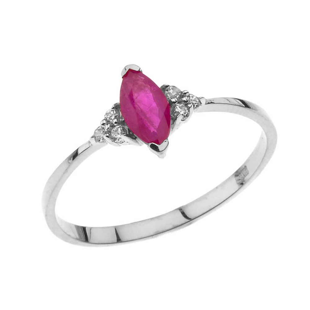 14K White Gold Marquise Ruby & White Topaz Promise Ring for Women - Elegant Engagement, Wedding, Anniversary Jewelry Gift