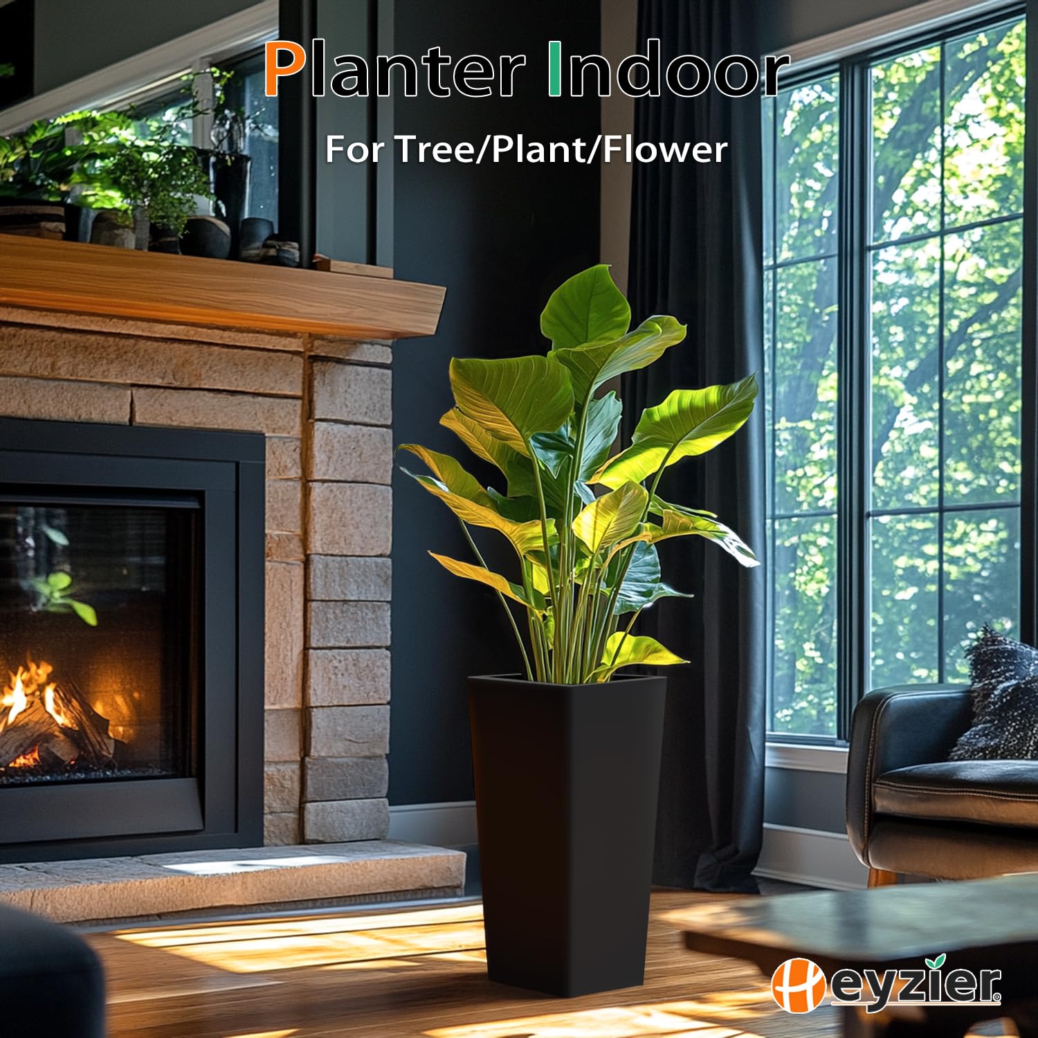 Large 27.5 Inch Tall Resin Planter Pots for Outdoor & Indoor Plants - 2 Pack Black Flower Pots for Trees, Plants & Home Garden Decor - Perfect for Patio, Living Room & Office Spaces