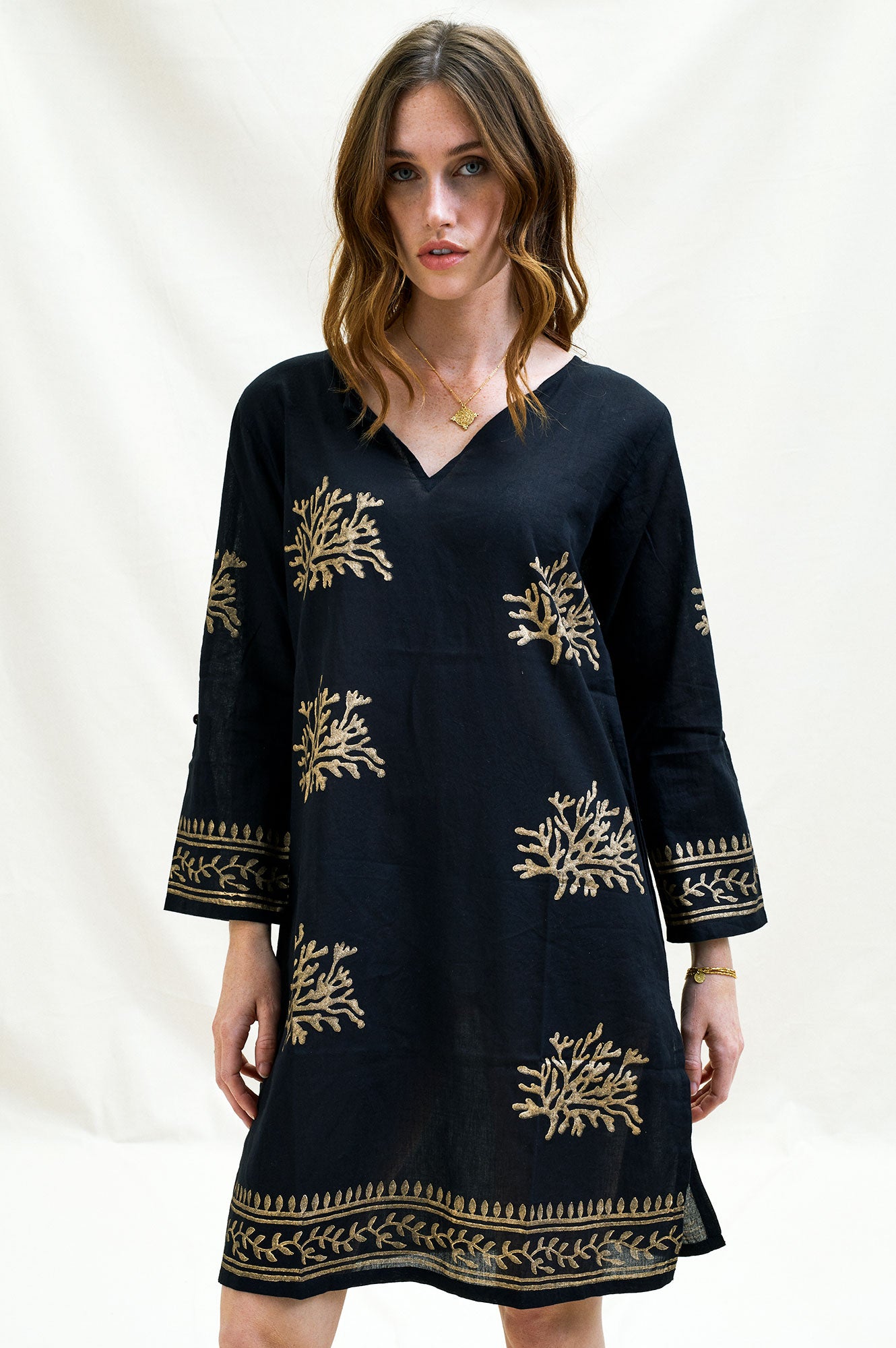 Guadalupe Short Tunic for Women - Elegant Black & Gold Floral Print Top | Perfect for Casual Wear, Summer Outfits, and Beach Vacations