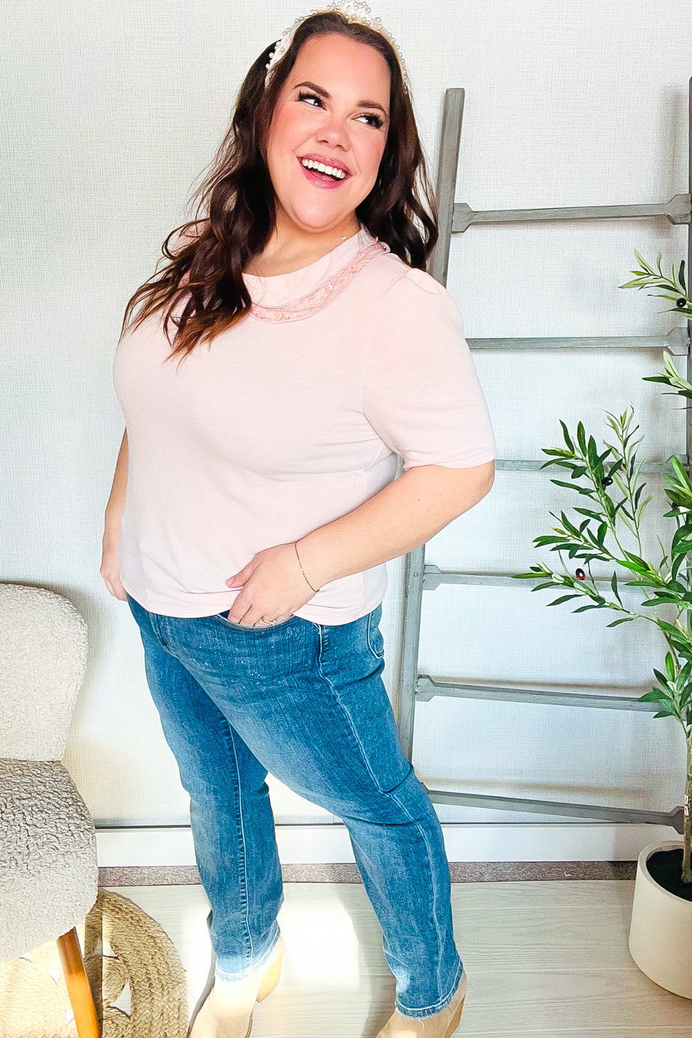 New Day Blush Flat Collar Floral French Terry Blouse - Women's Elegant Casual Top for Work & Weekend Outings