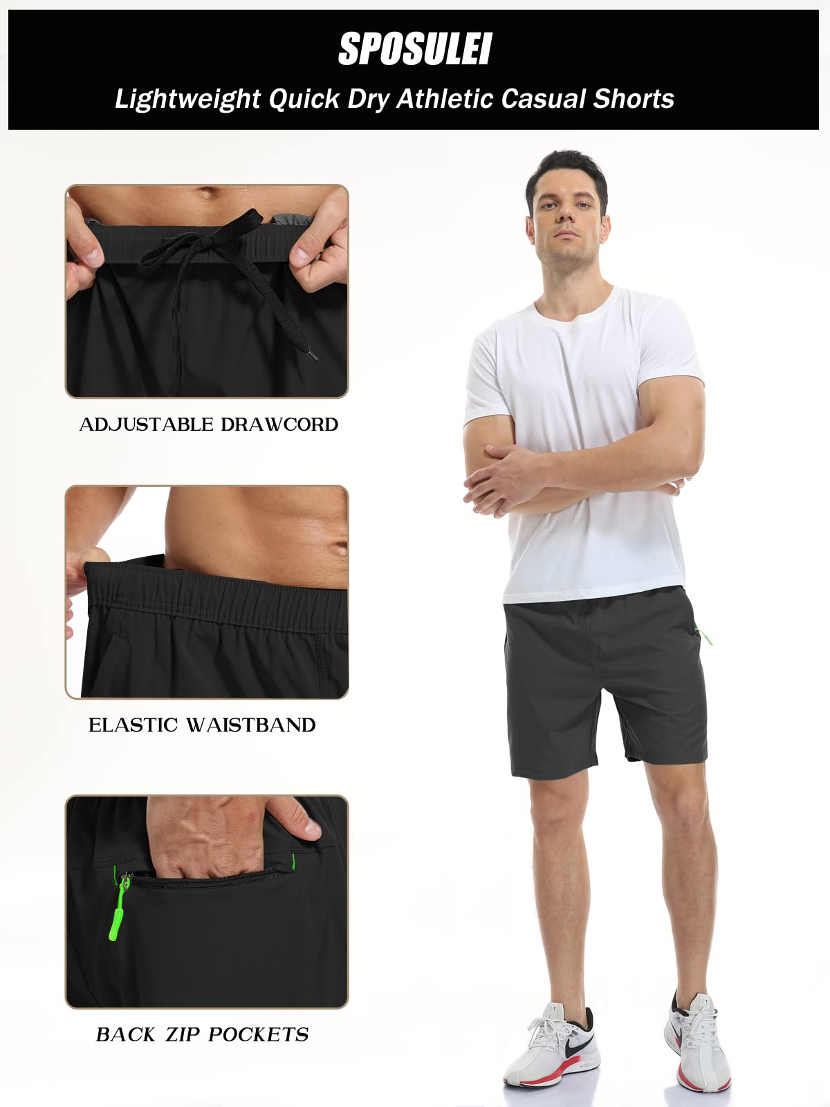 SPOSULEI Men's Quick-Dry Hiking Shorts - Water Resistant Lightweight Athletic Shorts with Zipper Pockets for Outdoor Running, Camping & Summer Activities
