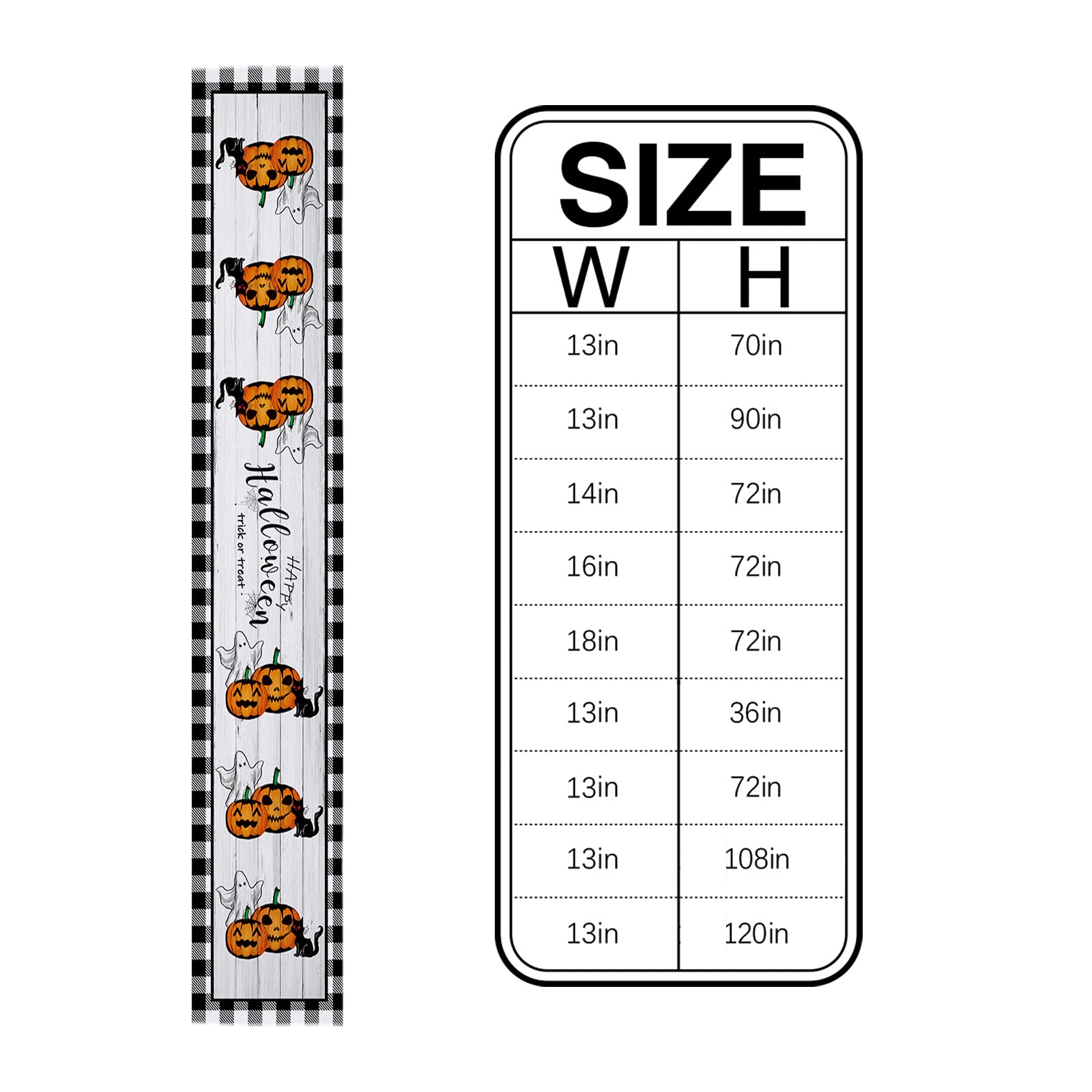 Halloween Burlap Table Runner 108 Inches - Black and White Buffalo Check Checkered with Pumpkins, Ghosts & Black Cat Design for Trick or Treat - Perfect for Home Kitchen, Party Dining & Coffee Tables Decorations
