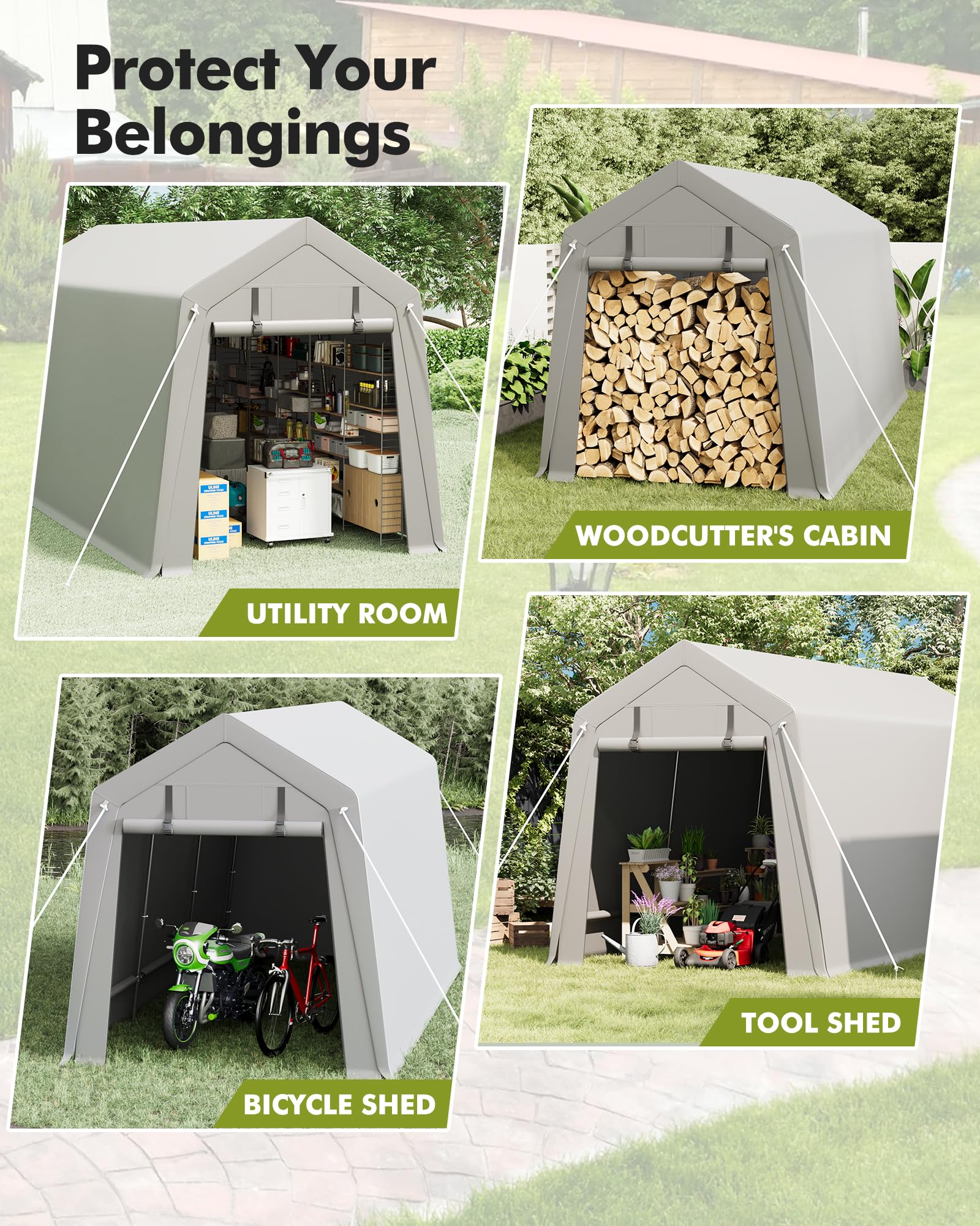 10x15ft Heavy Duty Waterproof Carport Storage Shed with 2 Roll-Up Zipper Doors - Shelter Logic Garage Tent for ATV, Motorcycle, Bike, Garden Tools & Firewood - Perfect for Outdoor Vehicle Protection & Backyard Storage