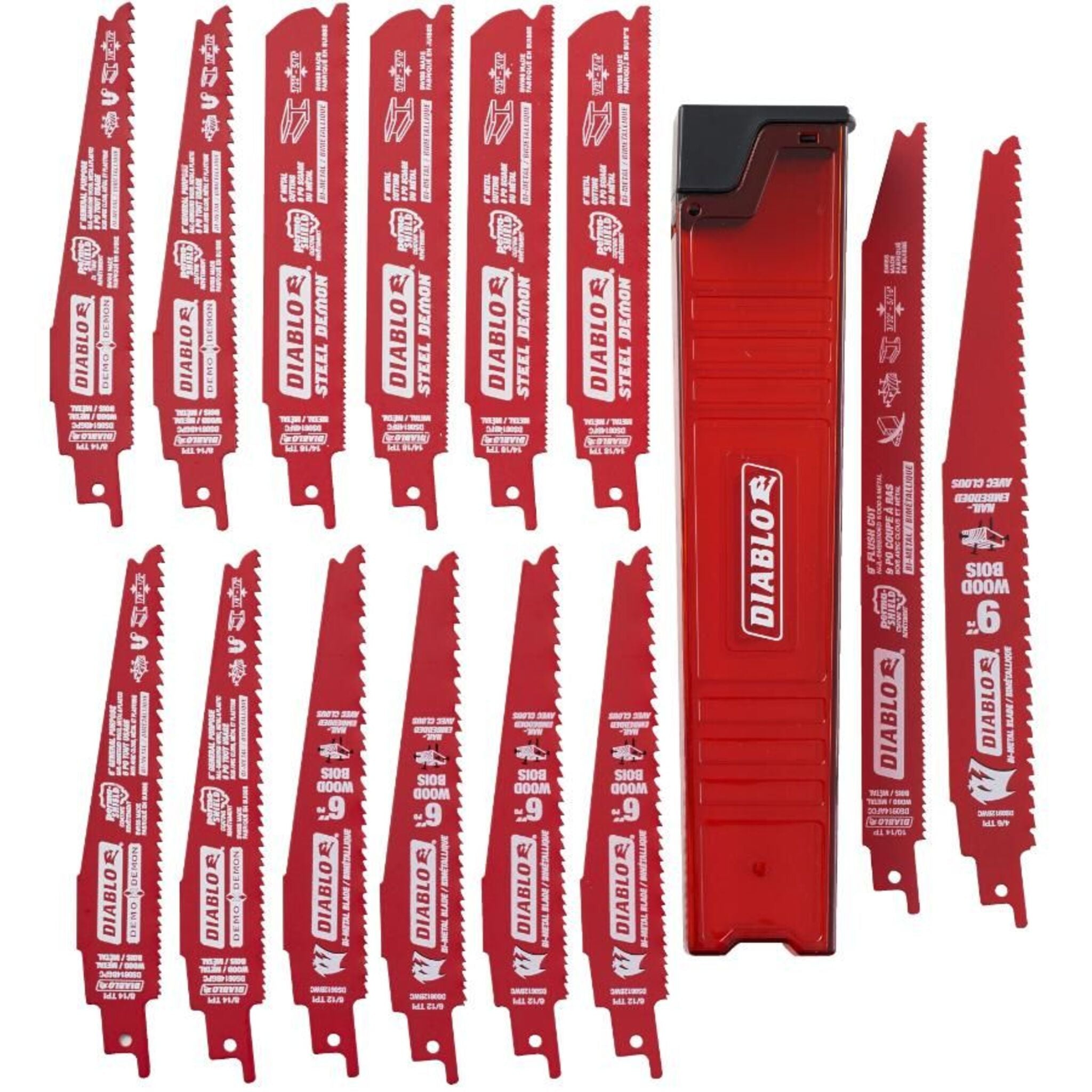 Diablo 14-Piece Reciprocating Saw Blade Set with Demo Demon & Steel Demon Blades - Perfect for Nail-Embedded Wood & Medium Metal Cutting (Includes Protective Case) - Ideal for Demolition, Construction, and DIY Projects