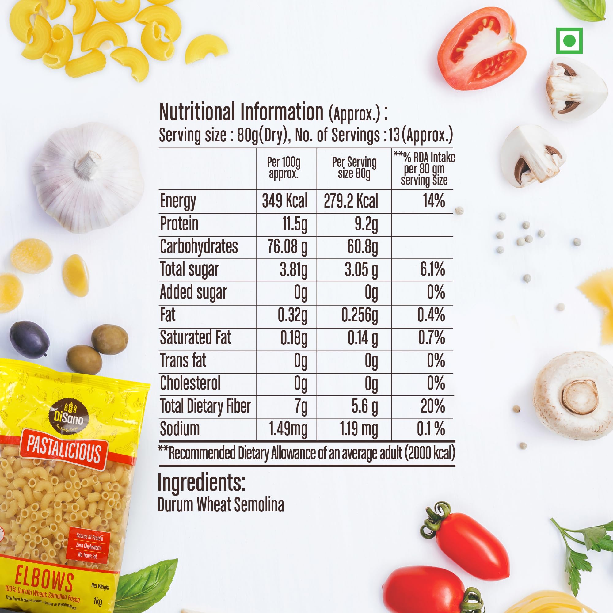 DISANO Elbows Pasta 1Kg - 100% Durum Wheat Pasta, High Protein & Fiber, No Maida - Perfect for Italian Dishes, Salads, and Family Dinners