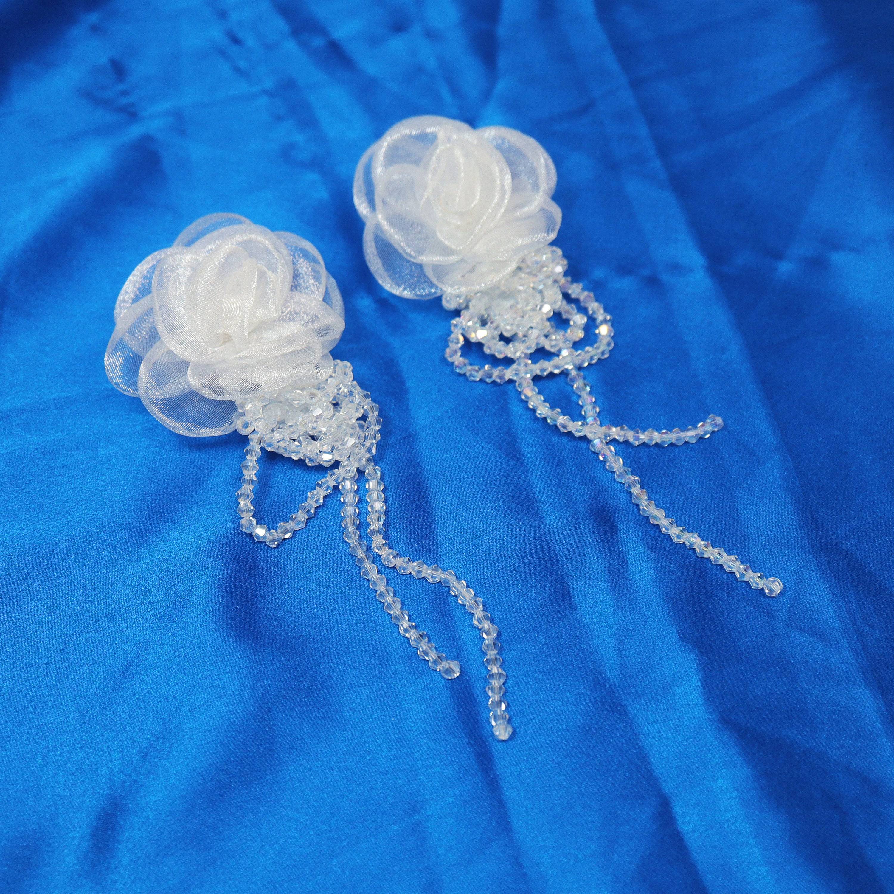 White Rose Floral Crystal Rhinestone Earrings - Elegant Long Bridal Jewelry for Weddings, Prom & Special Occasions | Sparkling Statement Earrings for Brides & Party