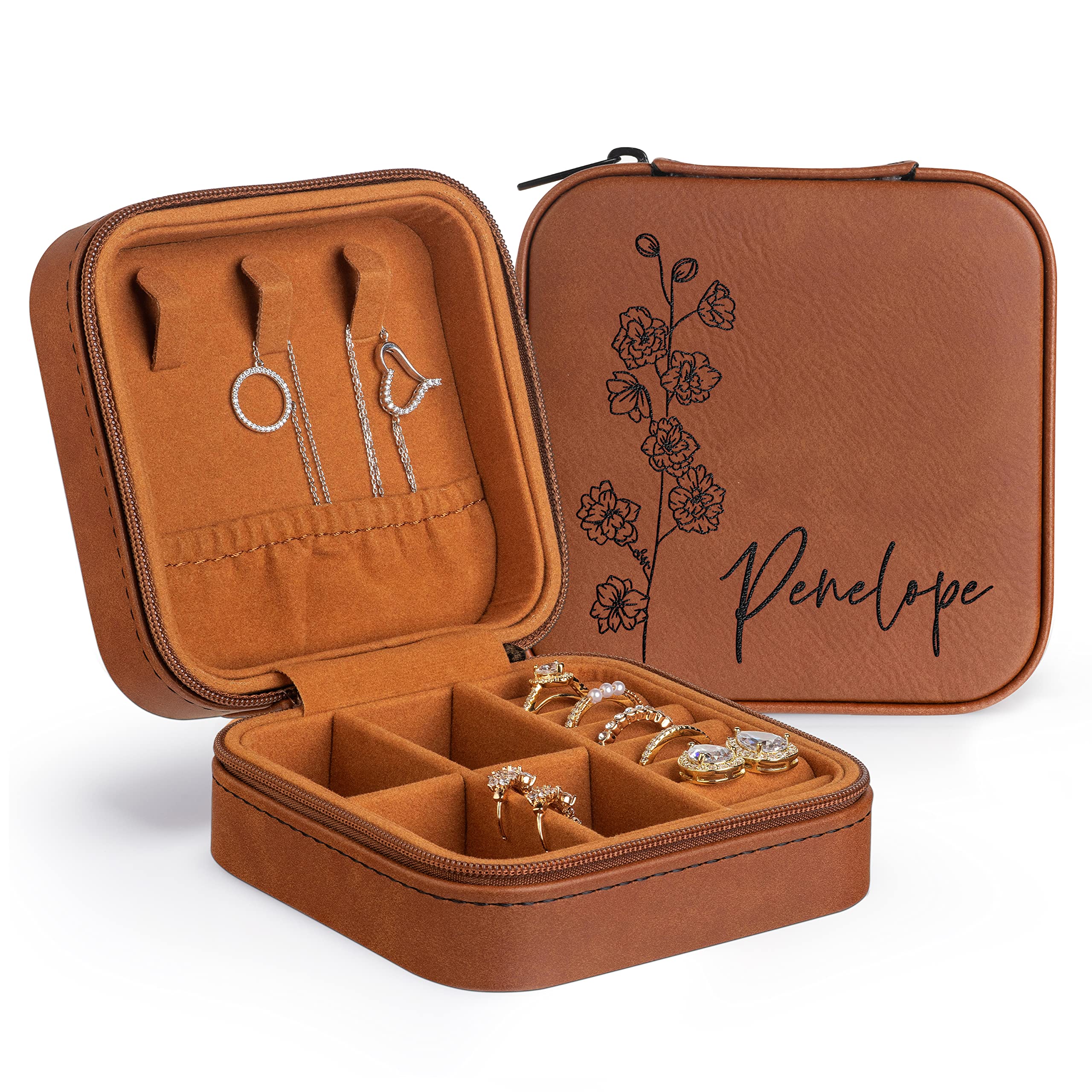 Personalized Leather Jewelry Box with Name & Birth Flower Engraving - Custom Jewelry Organizer Travel Case for Women | Birthday Gift for Mom, Wife, Girlfriend | Perfect for Travel, Home Storage & Special Occasions