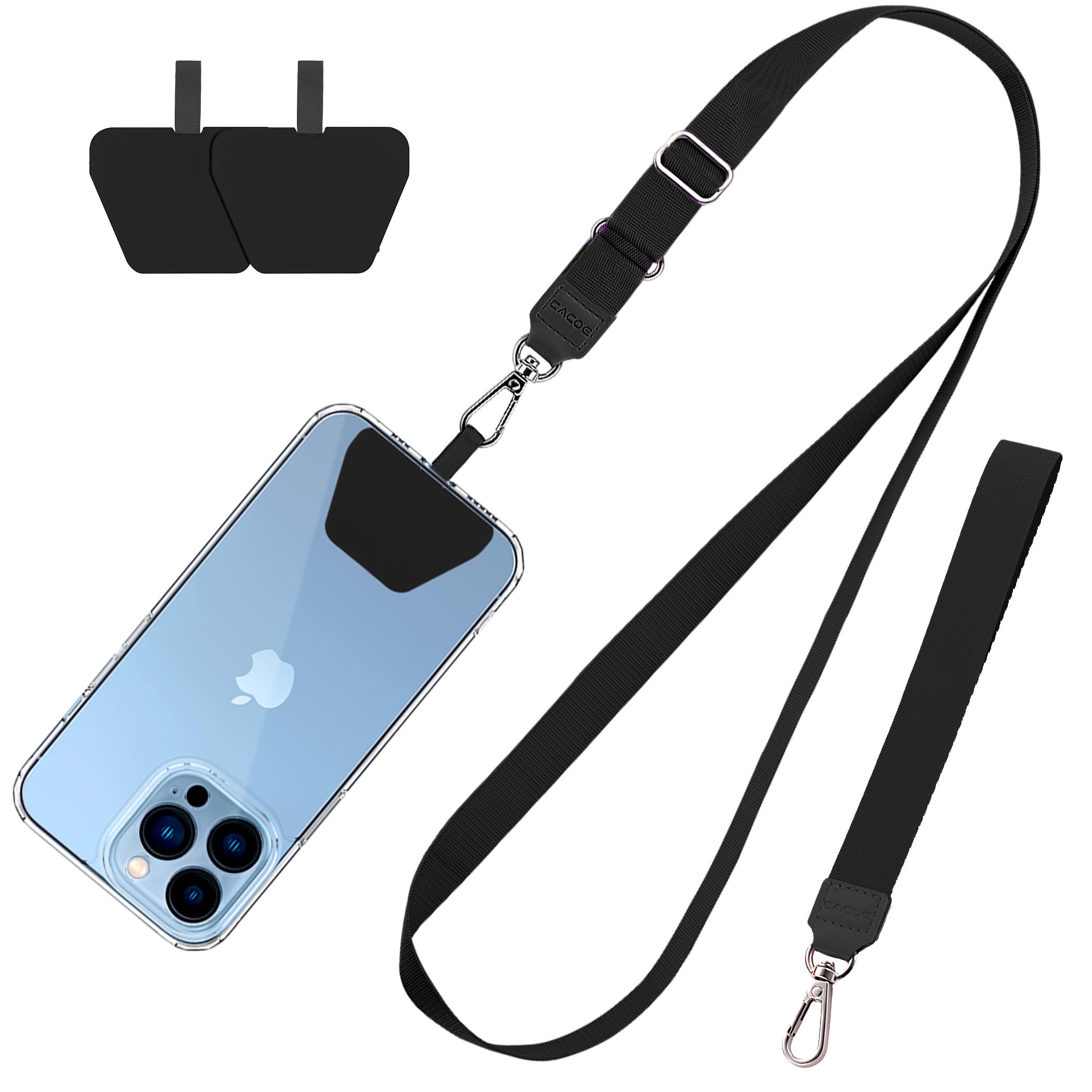 CACOE Adjustable Phone Lanyard Set - Neck & Wrist Straps for Smartphones (Black) - Perfect for Work & Travel