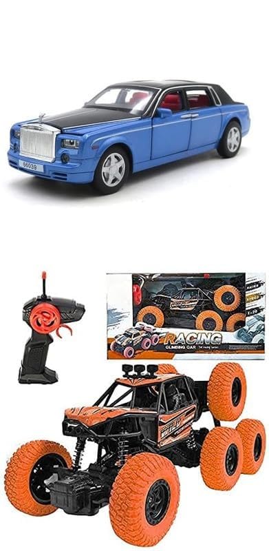 1:18 Scale Die Cast Pull Back Toy Cars with Blinking Lights & Openable Doors - Rolls Royce Sedan & 4-Pack RC Rock Climber Monster Trucks for Kids | Perfect for Indoor Play, Birthday Gifts & Off-Road Adventure Racing