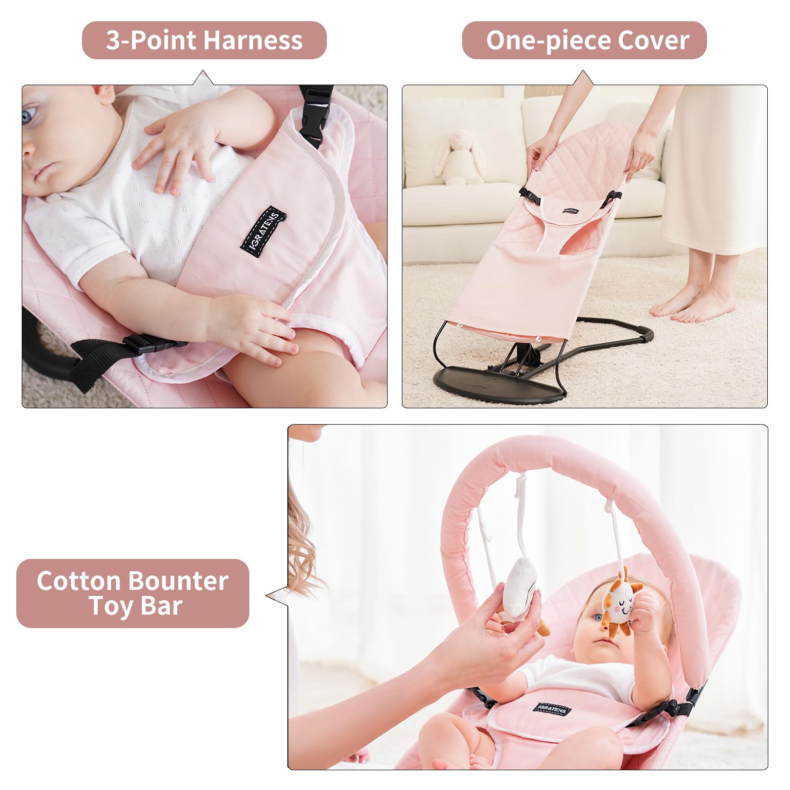 Portable Baby Bouncer Seat with Adjustable Positions - 3-Level Infant Rocker Chair with 100% Cotton Fabric & Hanging Toys - Perfect for Newborns, Playtime & Nursery - Pink