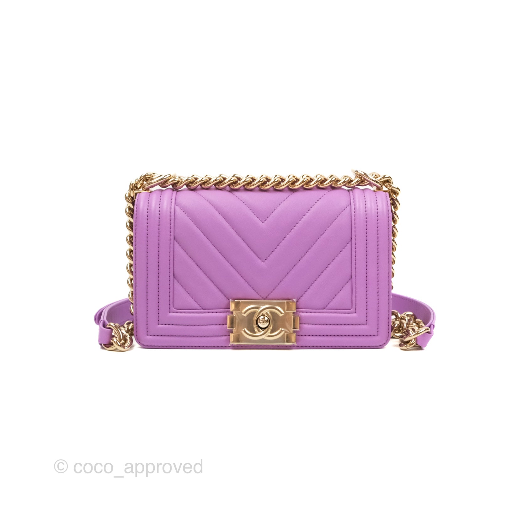 Chanel Chevron Small Boy Bag in Purple Calfskin with Gold Hardware - Luxury Crossbody Purse for Women, Perfect for Evening Events & Date Nights