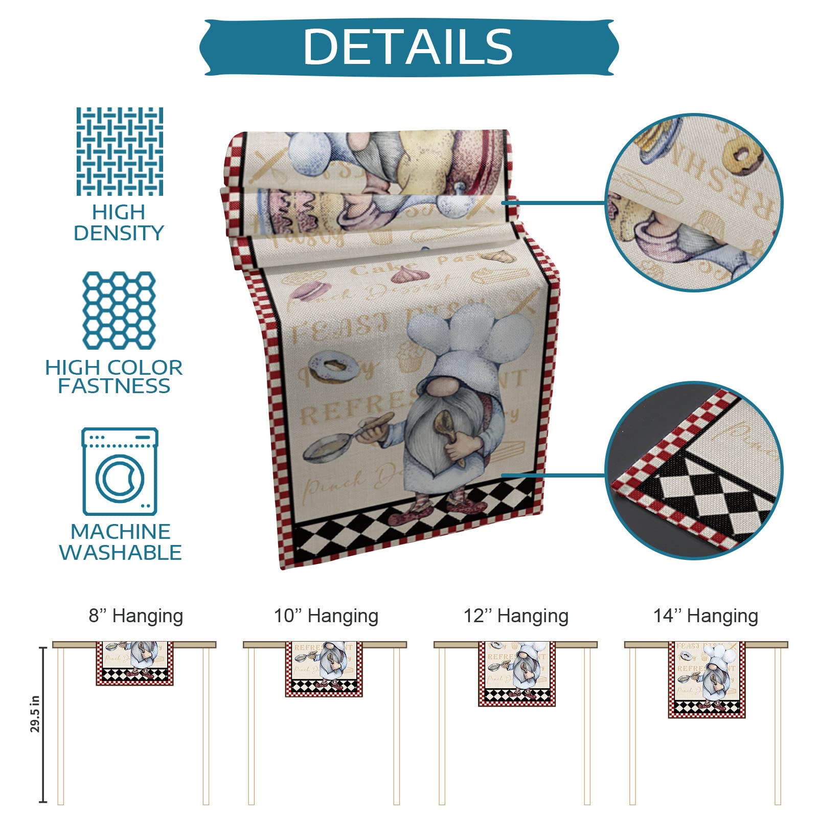 Fat Chef Table Runner Set with 6 Placemats - 13x70 Inch Checkered Black White Red Plaid Kitchen Decor - Machine Washable for Indoor/Outdoor Use - Perfect for Dining Room, Kitchen Island, Buffet Table, and Holiday Decorations