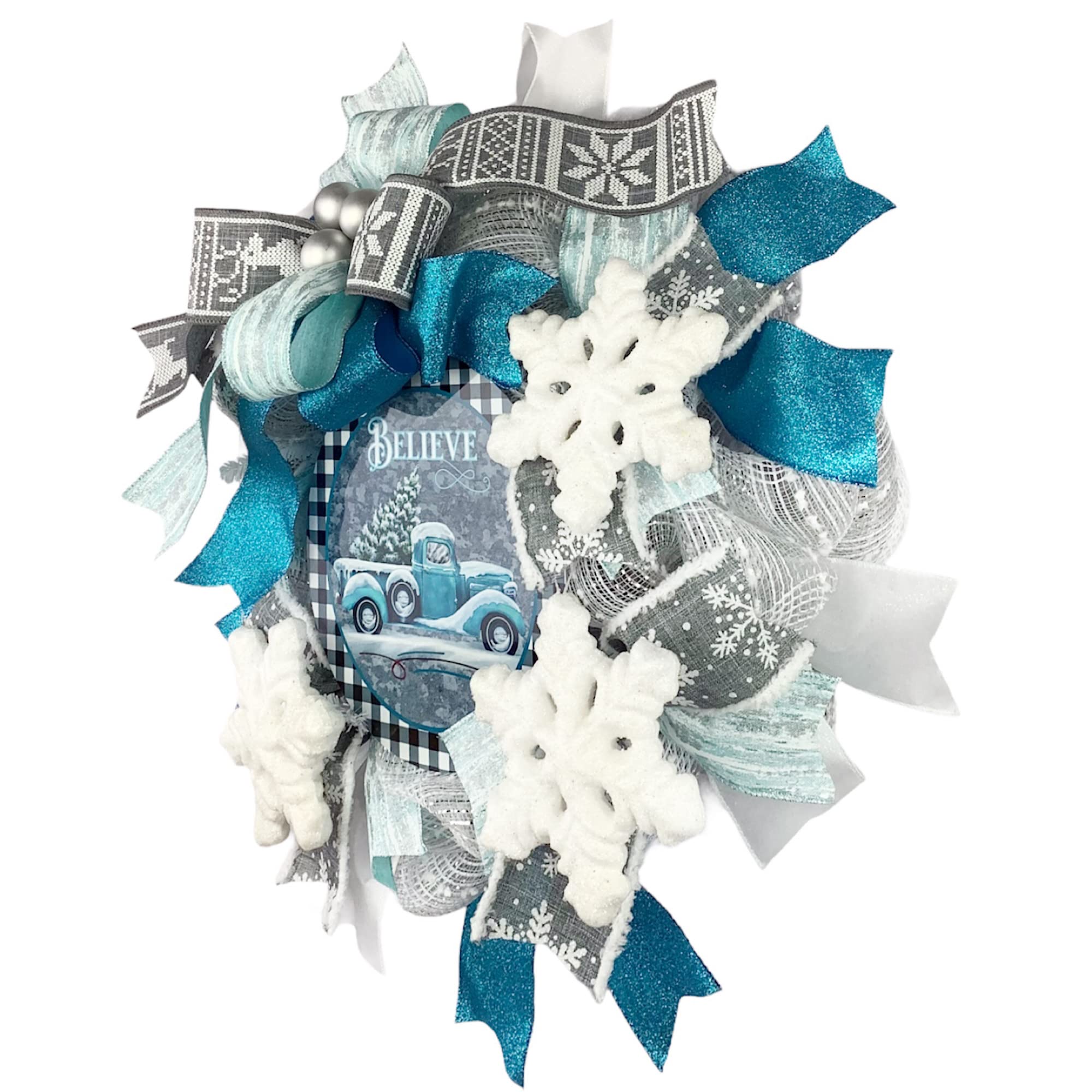 Handmade Christmas Wreath with Blue Truck Design - Ice Blue, Turquoise & Silver Grey Holiday Door Hanger - Festive Home Decor for Front Door, Fireplace & Seasonal Celebrations