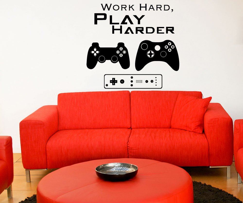 Gamer Wall Decal - Work Hard Play Harder Quote in Black | 42x46 Inches | Motivational Gaming Room Decor for Bedroom & Office | Vinyl Sticker Art #1323m