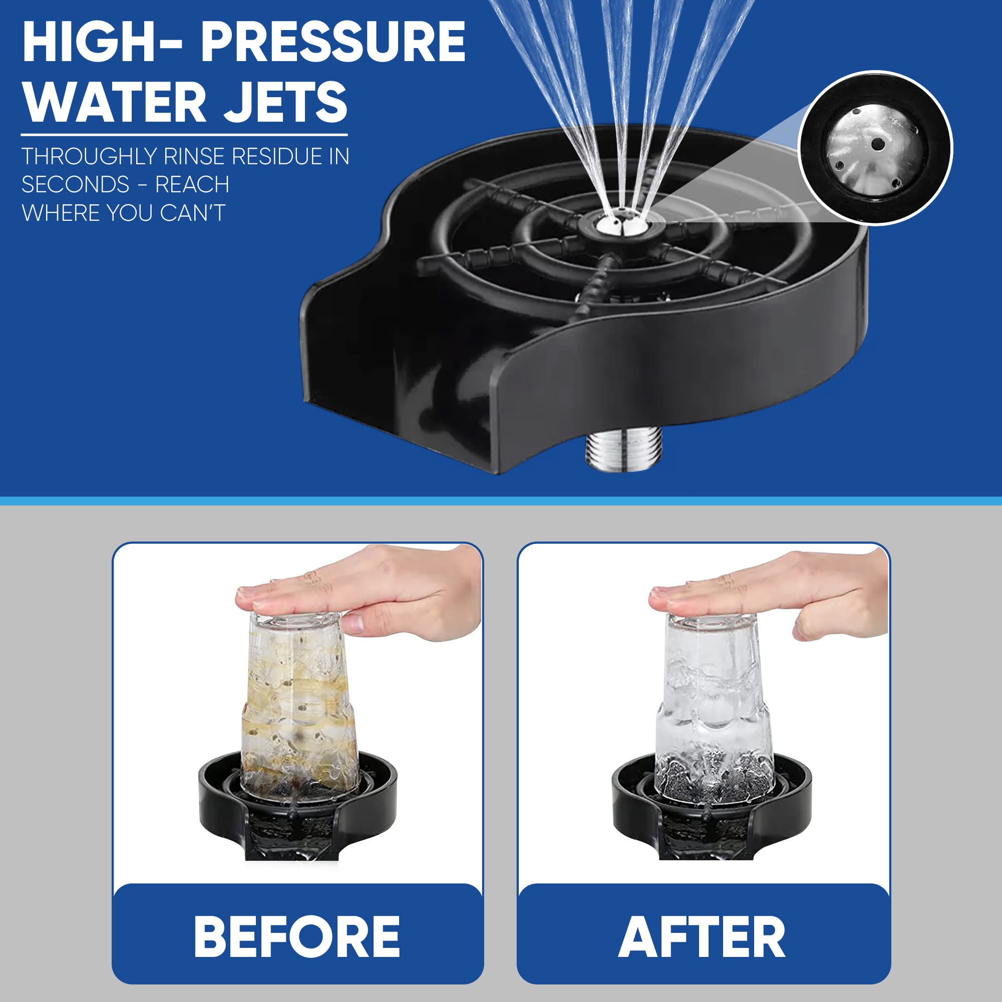 Stainless Steel Glass Rinser for Kitchen Sink - Powerful Cup & Wine Glass Washer with 360° Spray Nozzle - Black Metal Base Sink Accessory with Free Drying Mat - Perfect for Bar, Restaurant & Home Kitchen Use