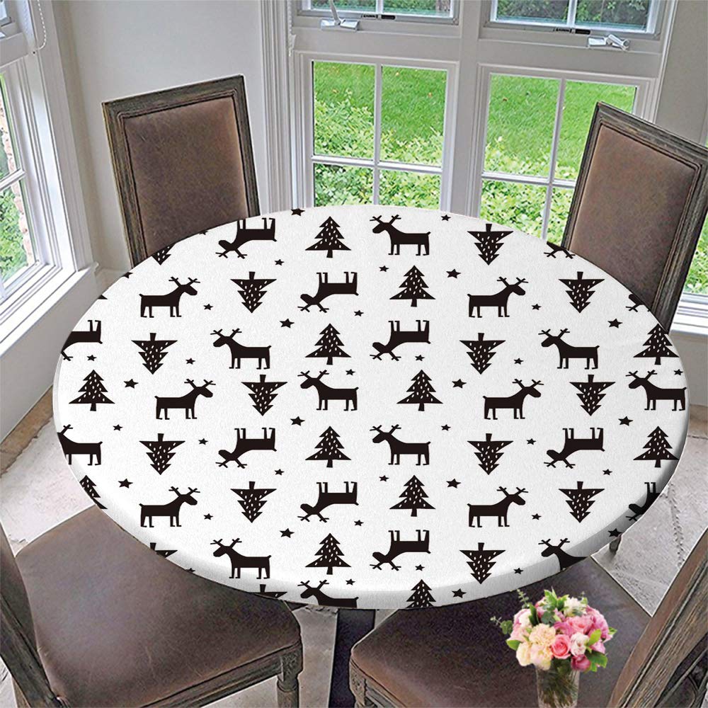 Stretchable Round Tablecloth with Elastic Edge - Polyester Deer & Pine Tree Design, Fits 43