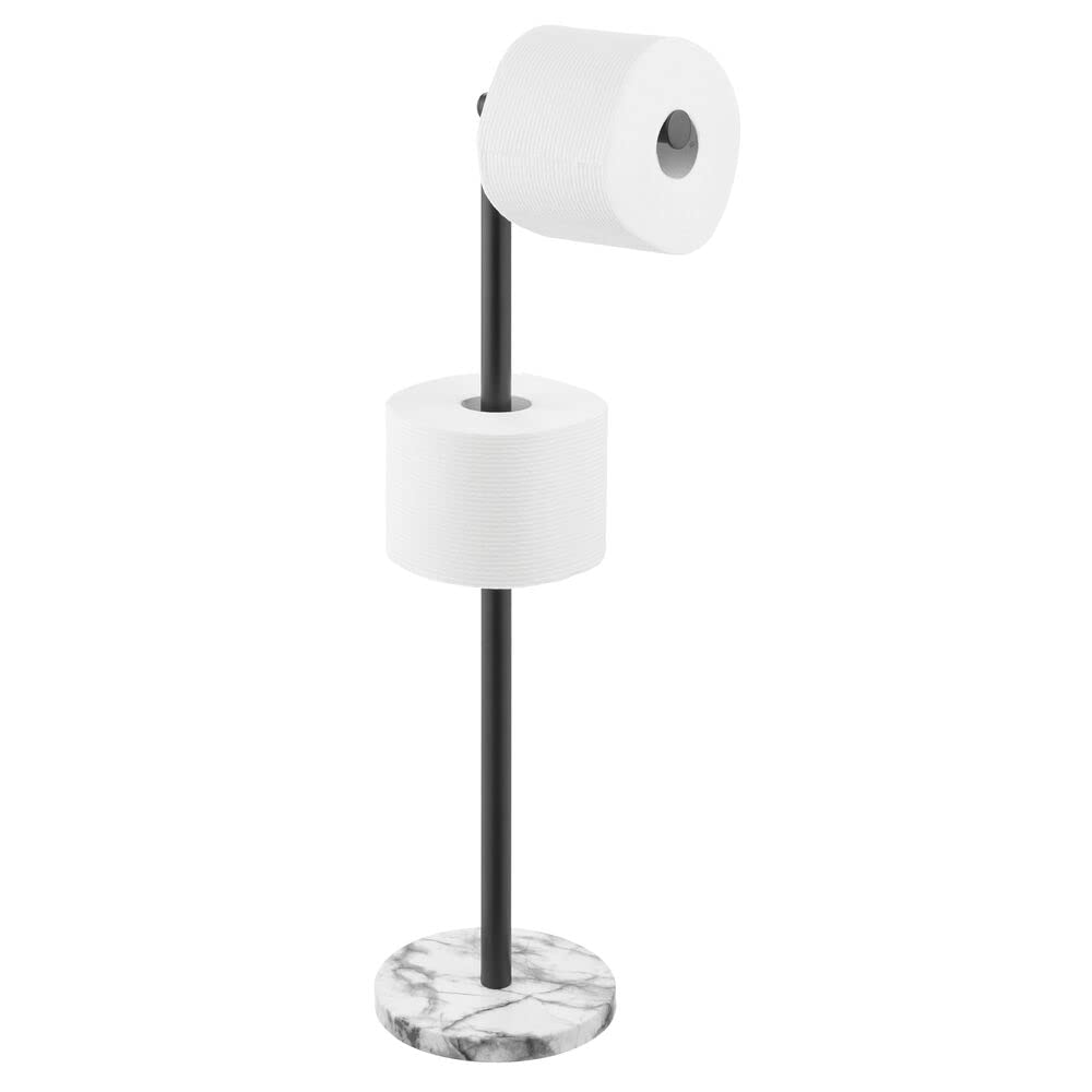 mDesign Steel Standing Modern Toilet Paper Holder - Bathroom Tissue Dispenser Stand with Marble/Black Finish - Holds Mega Rolls - Xene Collection - Perfect for Bathroom Storage Organization & Home Decor