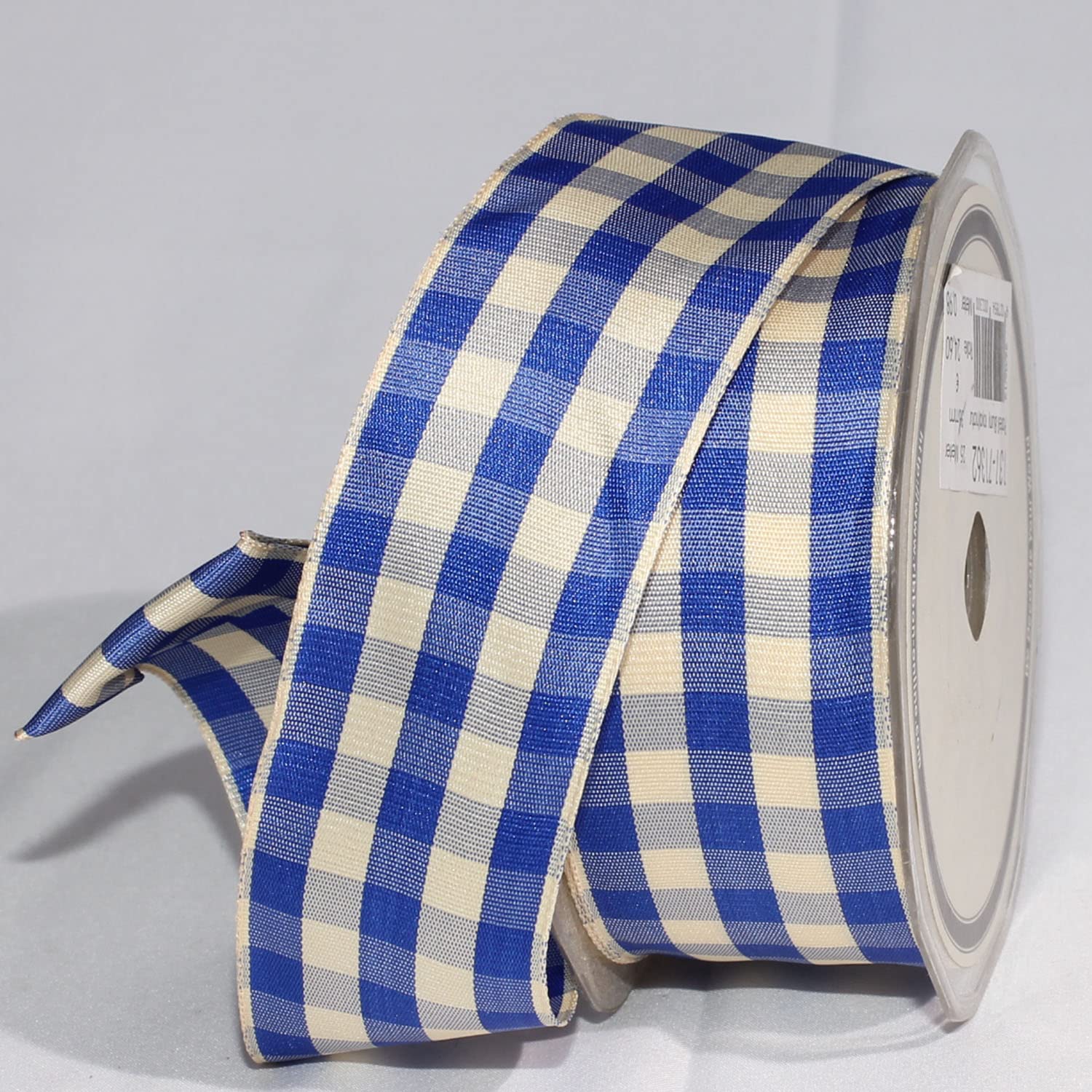 Blue and Ivory Gingham Wired Woven Edge Ribbon - 1.5 Inch x 27 Yards - Perfect for Gift Wrapping, DIY Crafts, Wedding Decorations, and Party Favors