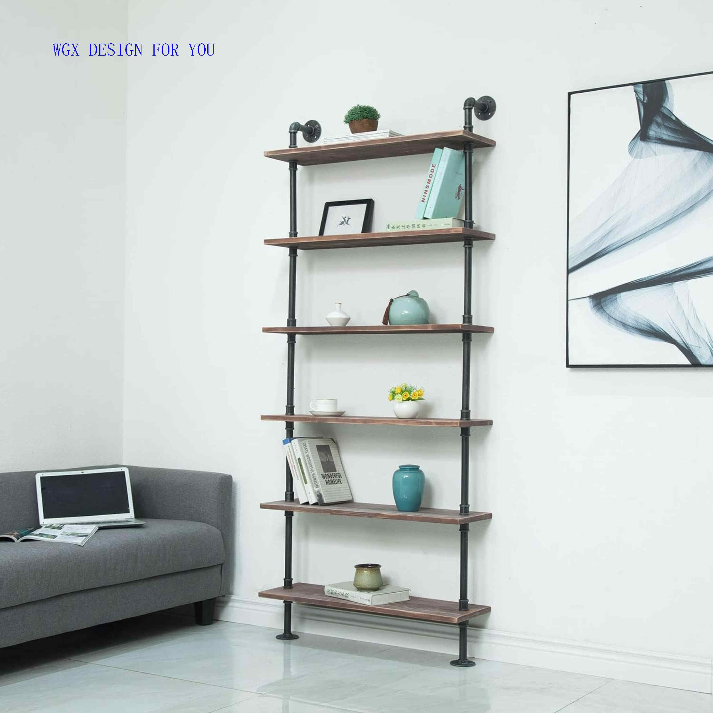 Industrial Pipe Shelves - Rustic Wood Ladder Bookshelf Wall Mounted Shelf for Living Room Decor & Storage (32in, 6 Layers) - Perfect for Home Office, Bedroom, and Kitchen Organization