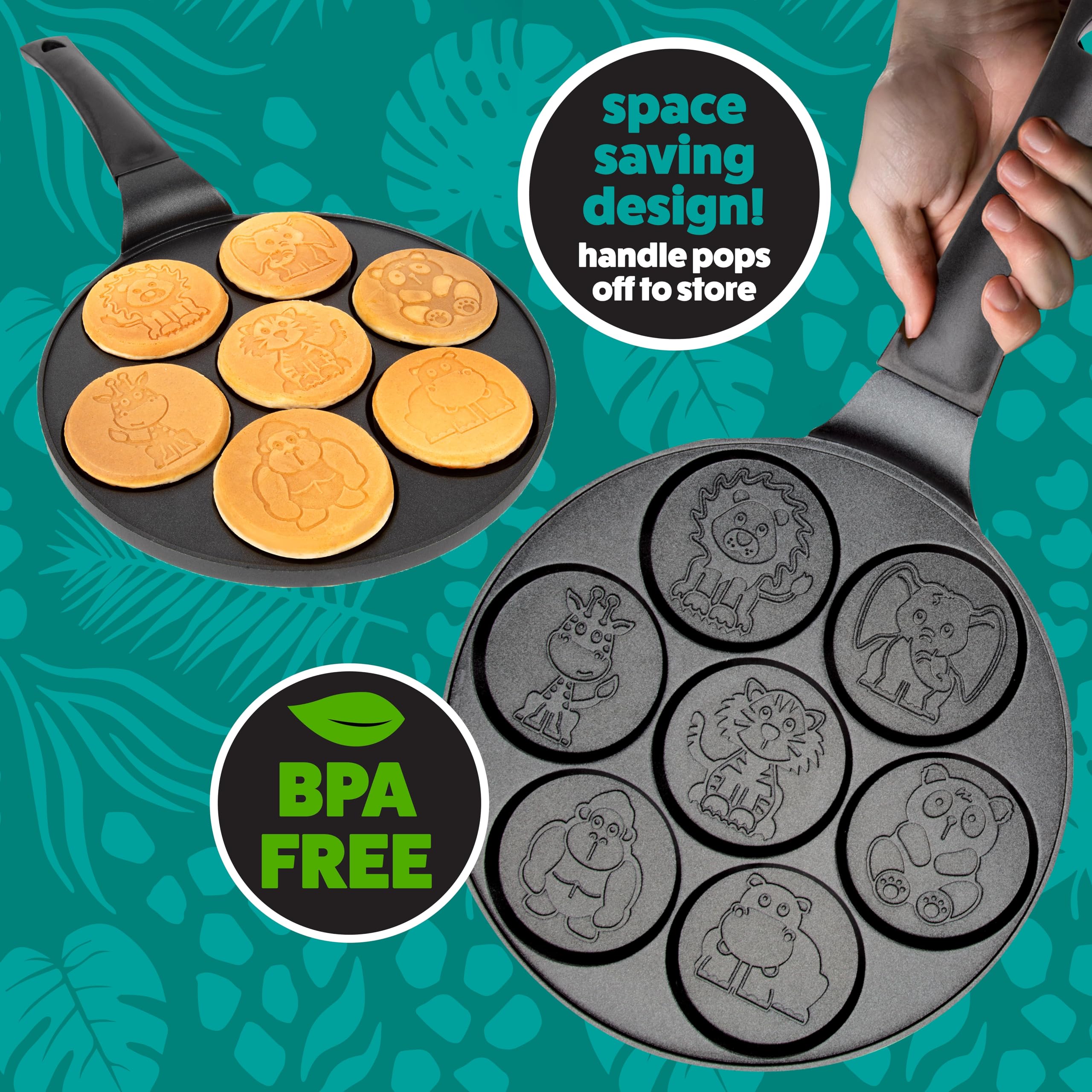 Nonstick Animal Mini Pancake Pan - Make 7 Zoo Animal Pancakes (Elephant, Giraffe & More) | Fun Breakfast Griddle for Kids, Easy to Clean | Perfect for Family Breakfast, Birthday Parties & Holiday Gifts