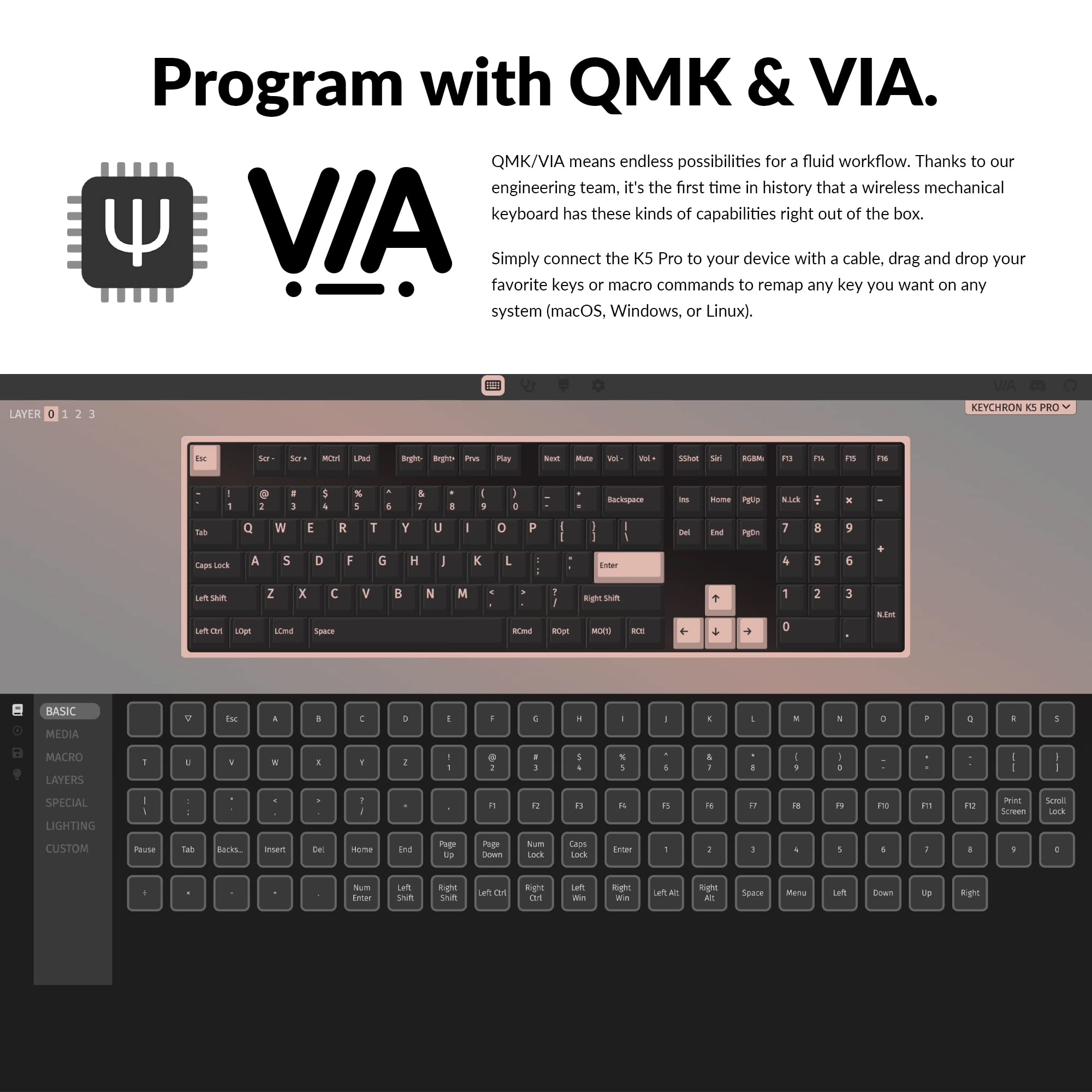 Keychron K5 Pro Ultra-Slim Wireless Mechanical Keyboard - 108 Keys Custom Programmable with Low-Profile Gateron Brown Switch, White LED Backlit PBT Keycaps for Mac Windows Linux | QMK/VIA Support | Perfect for Home Office, Gaming & Programming