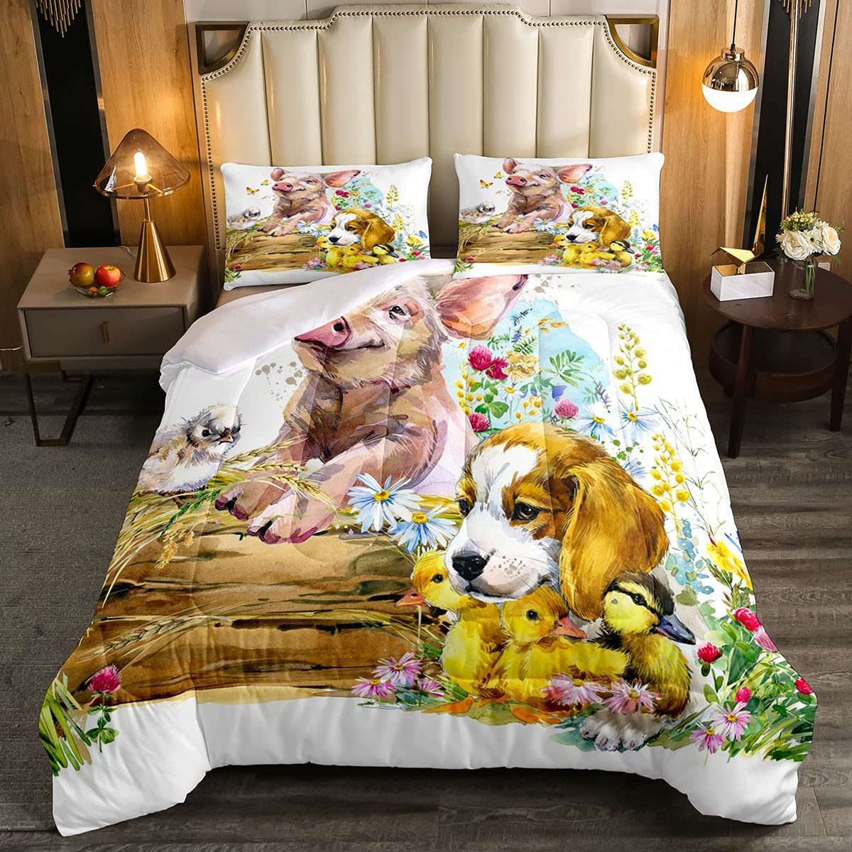 Pink Pig Farm Animal Comforter Set - Queen Size Down Comforter with 2 Pillowcases for Kids, Boys & Girls | Rustic Country Style Bedding for Nursery, Farmhouse Decor & Cozy Bedroom Makeover