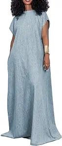KELYWELL Women's V-Back Loose Maxi Long Denim Dress with Batwing Short Sleeves - 2024 High Street Fashion Jean Dress for Casual Outings, Beach Wear & Summer Style