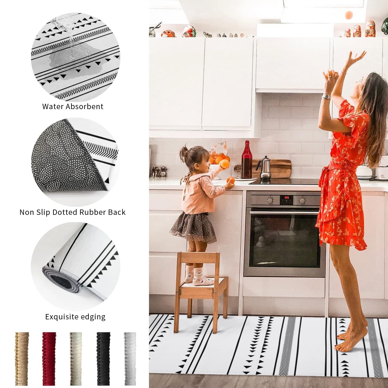 Non-Slip Geometric Boho Kitchen Runner Rug - Black & White Abstract Art Indoor Floor Mat for Hallways, Entryways & Laundry Rooms | Perfect for High-Traffic Areas & Spill-Prone Spaces