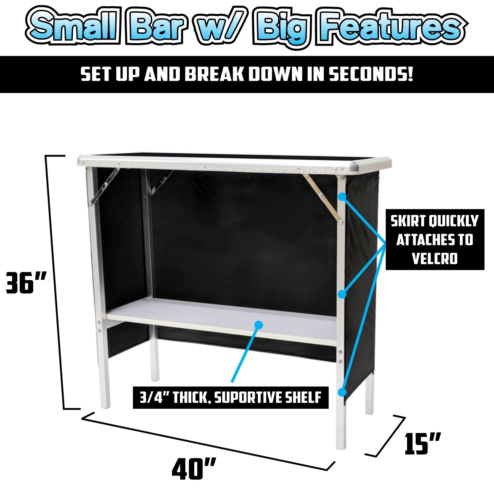 PartyPong Folding Portable Double Bar with LED Lights - Wireless Remote, 2 Bar Skirts, Storage Shelf & Carrying Case - Black - Perfect for Home Parties, Outdoor Events & Game Nights
