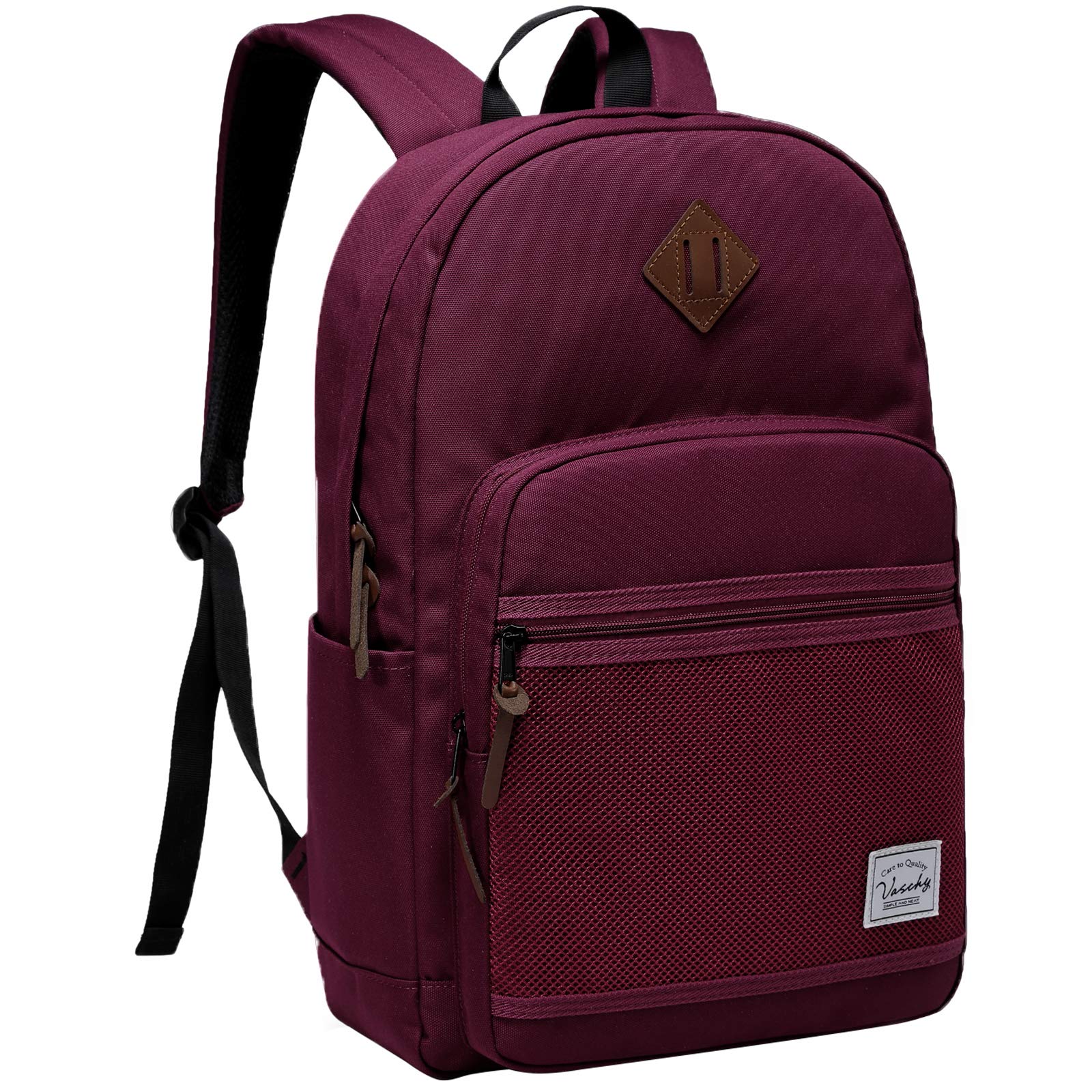 VASCHY Waterproof Lightweight School Backpack for Men & Women - 15.6 Inch Laptop Compartment, Durable Casual Daypack (Burgundy) - Perfect for College, Travel, Work & Everyday Use