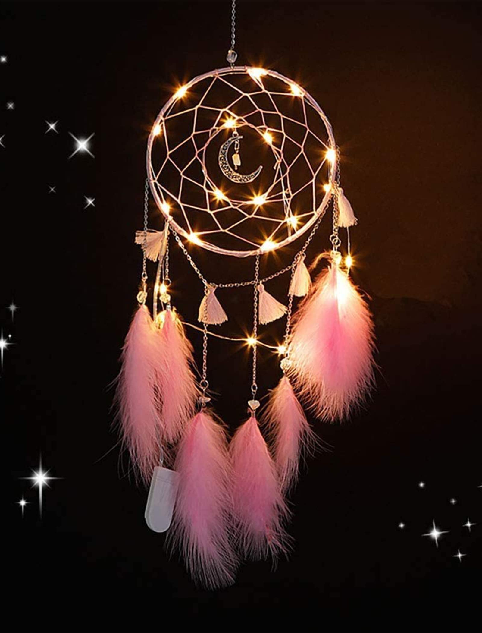 Handmade Pink Dream Catchers with Feathers & LED Lights - Bohemian Nursery Decor for Girls & Boys, Wall Hanging for Bedroom, Unique Home Decor & DIY Craft Gift (Perfect for Baby Showers, Kids' Rooms, Meditation Spaces & Boho Home Decor)