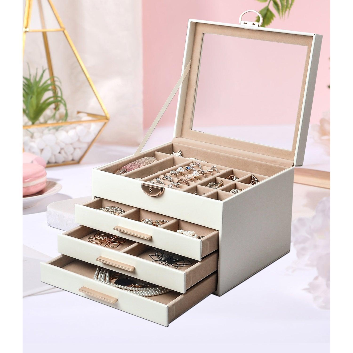Elegant Jewelry Box Organizer for Women - 4 Layer Jewelry Storage with 3 Drawers | Perfect for Necklace, Ring & Earring Organization at Home, Travel or Gift Giving
