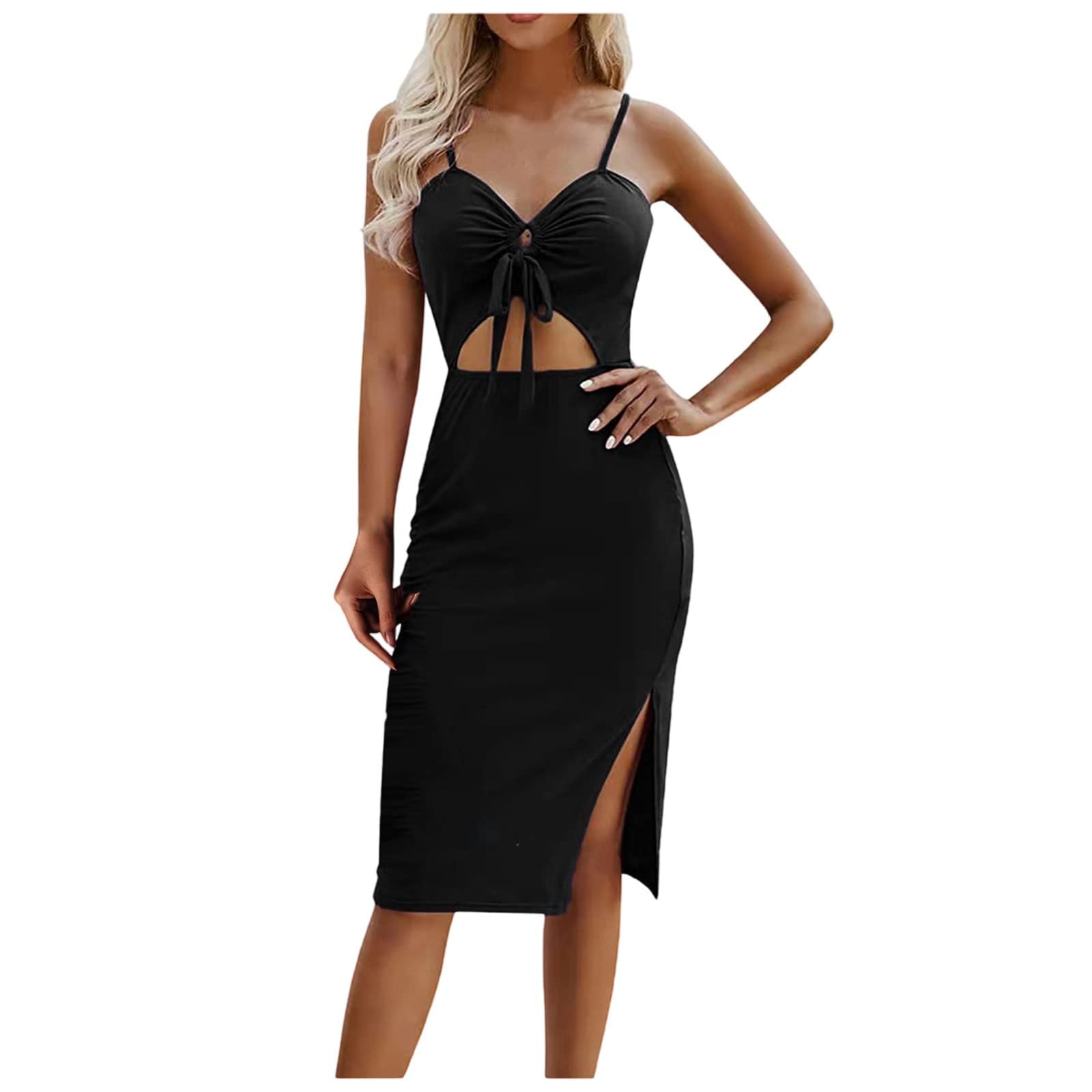 Ylioge Women's Black Summer Dress - V-Neck Sleeveless Hollow-Out Slim Fit Midi Dress for Holiday & Casual Wear | Perfect for Beach, Party, and Office Outfits