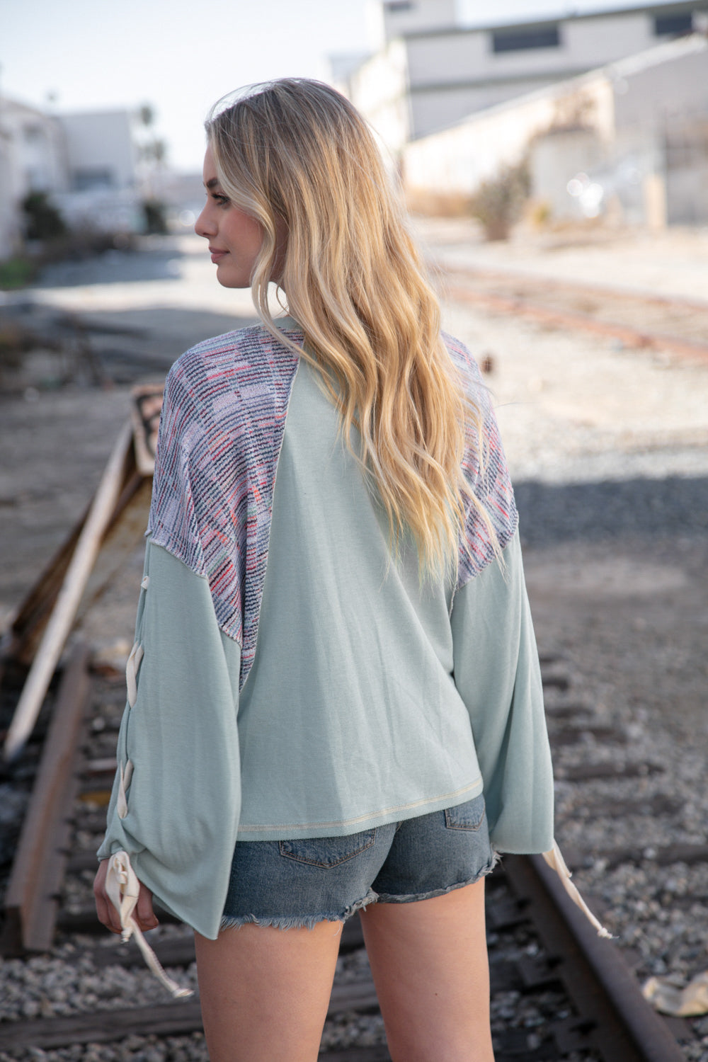 Stylish Mint Lace-Up Long Sleeve French Terry Oversized Pullover Sweatshirt | Women's Casual Loungewear for Fall & Winter | Perfect for Coffee Dates, Weekend Errands and Cozy Nights