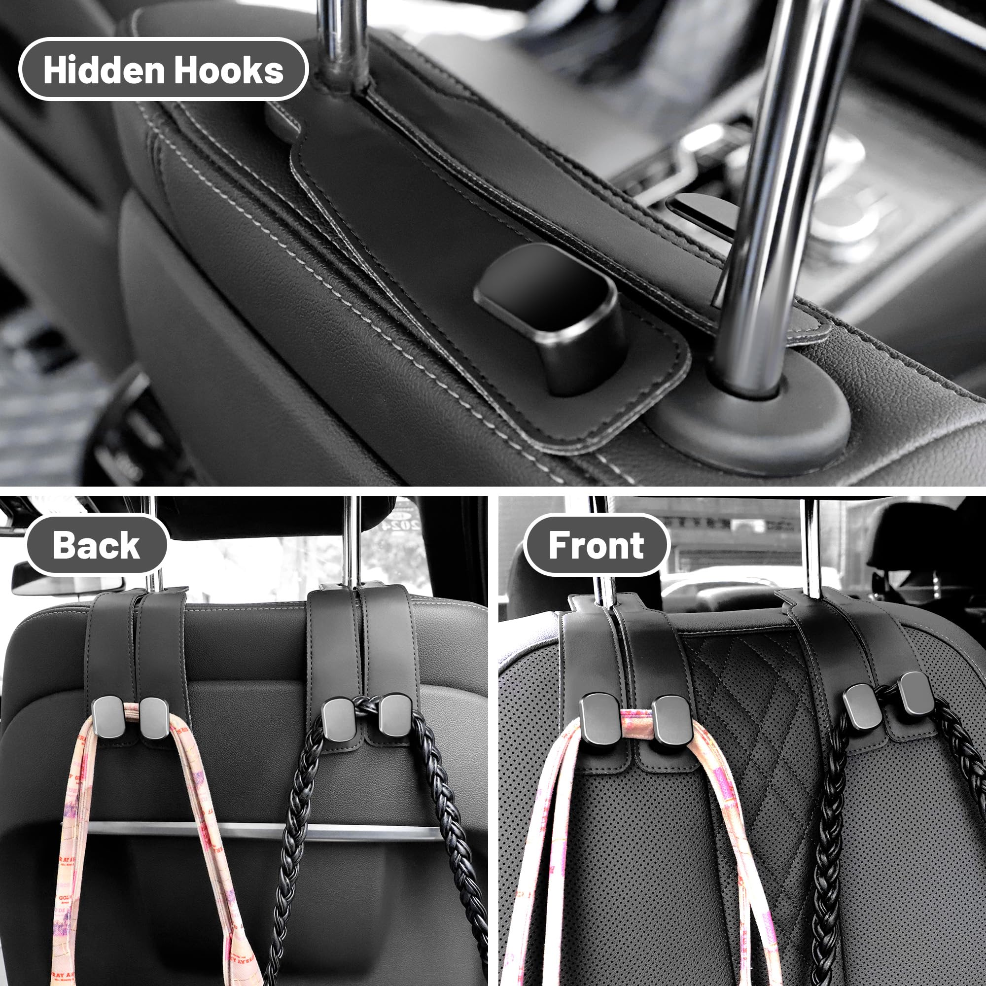Amelity 2 Pack Black Car Seat Back Storage Hooks - Heavy Duty Headrest Hangers for Purses, Bags, Groceries & Organizing - Perfect for Road Trips, Shopping & Daily Commute