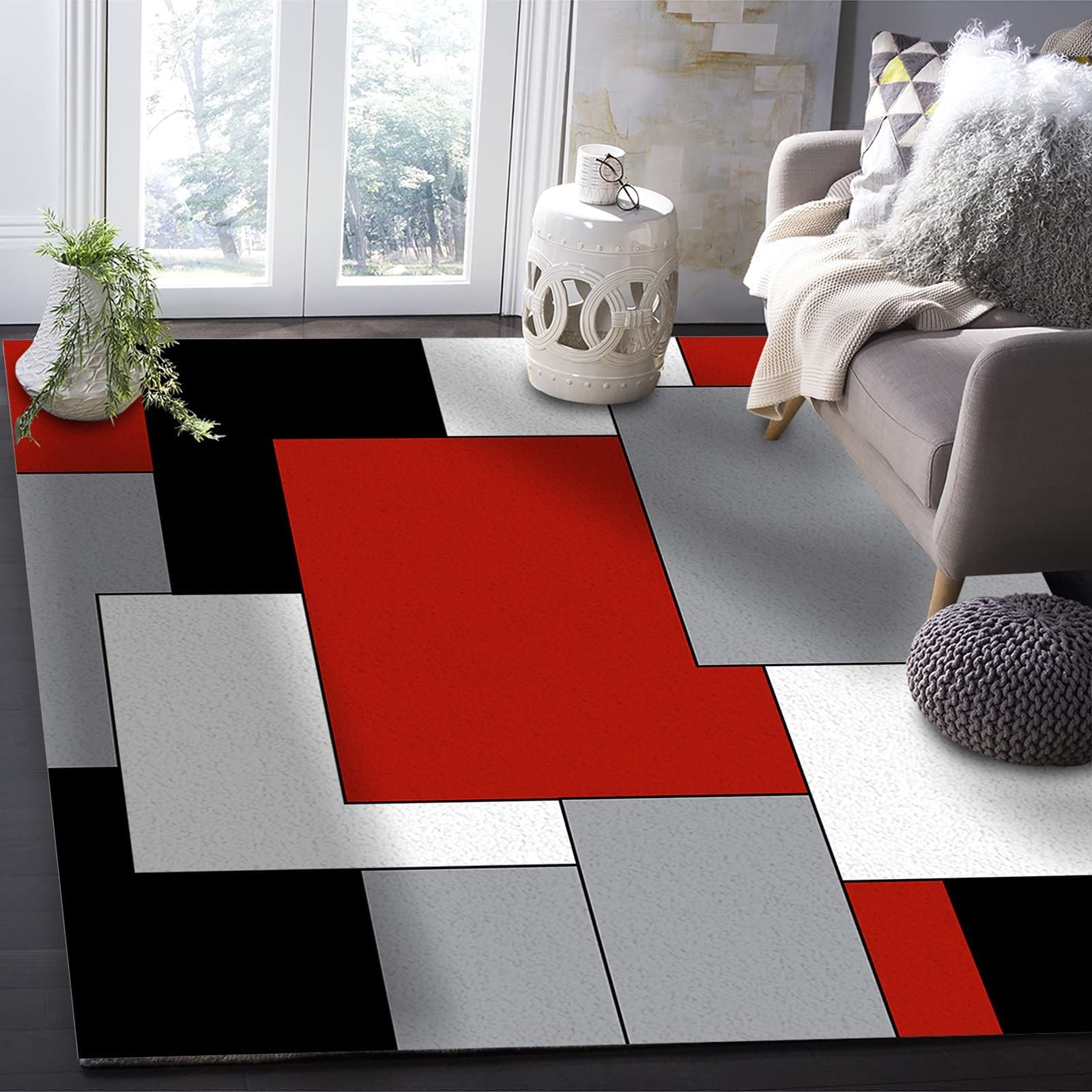 Abstract Geometric Area Rug - Red, Black & Gray Color Block Washable Carpet - 5' x 7' Soft Nursery Rug for Boys & Girls - Perfect for Bedroom, Living Room & Kids Room Decor