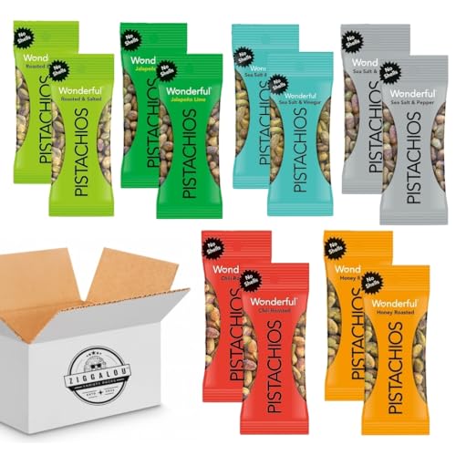 Wonderful Pistachios No Shells, 6 Flavor Variety Pack (0.75oz, 12 Count) - Gluten Free, Vegan Protein Snack for On-the-Go, Travel, Office & Healthy Lifestyle | Bundle by ZIGGALOU