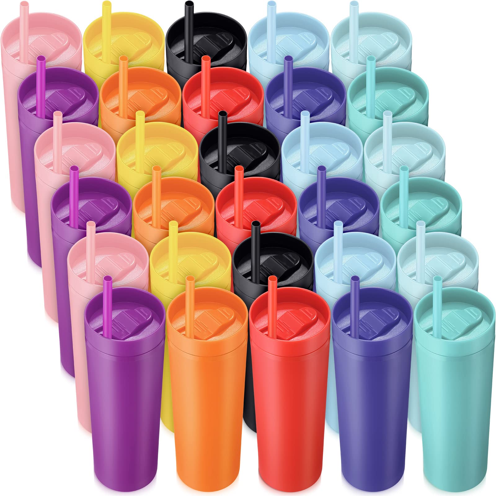 30 Pack 16oz Skinny Tumbler Cups with Lids & Straws - Reusable Double Wall Plastic Mugs in Matte Pastel Colors (10 Assorted Colors) for Home, Office, School, Birthday Parties, DIY Vinyl Crafts & Gift Giving
