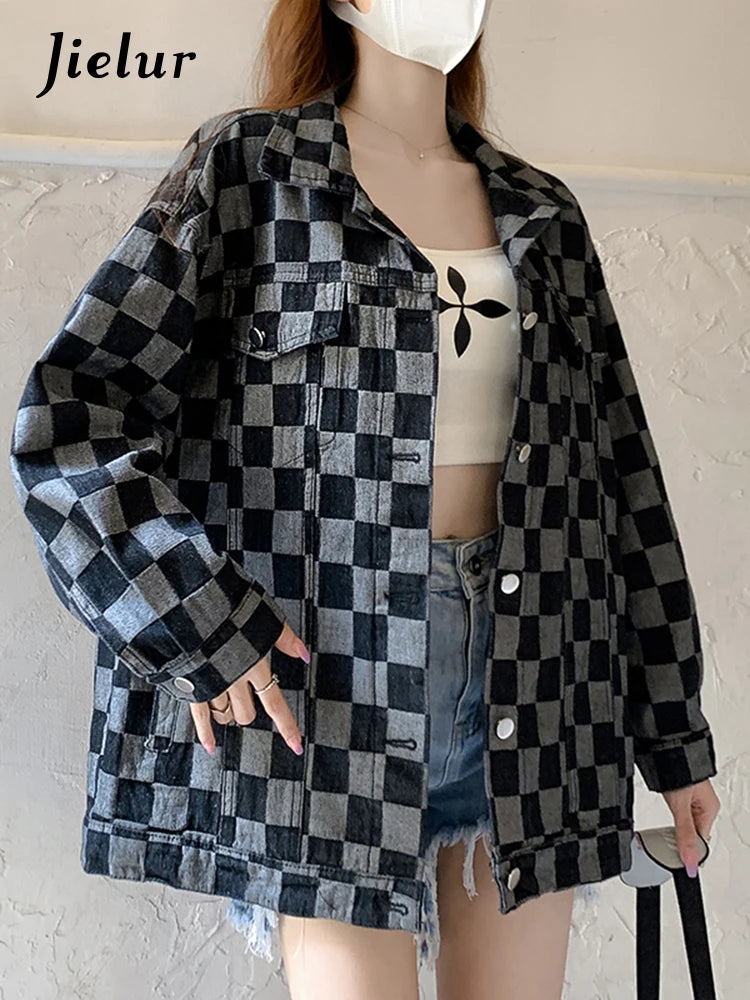 Women's Autumn Black Denim Coat - Korean Style Checkerboard Print Casual Loose Fit Retro Blue Jacket | High Street Fashion for Fall Outfits, Date Nights & Streetwear Looks