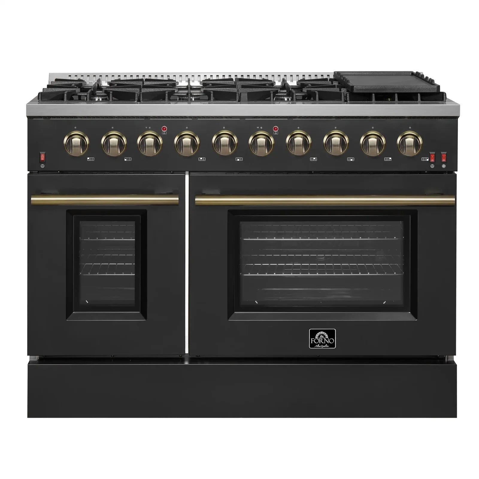 Forno Galiano 48-Inch French Door Freestanding All Gas Range - Black with Antique Brass Trim (Model FFSGS6444 48BLK) | Professional Kitchen Appliance for Home Chefs & Gourmet Cooking