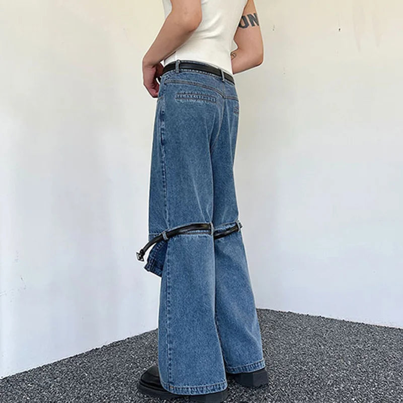 Men's Stylish Patchwork Washed Denim Jeans with Personalized Buckle Design - Solid Color Casual Pants for Spring | Perfect for Daily Wear, Office & Weekend Outfits